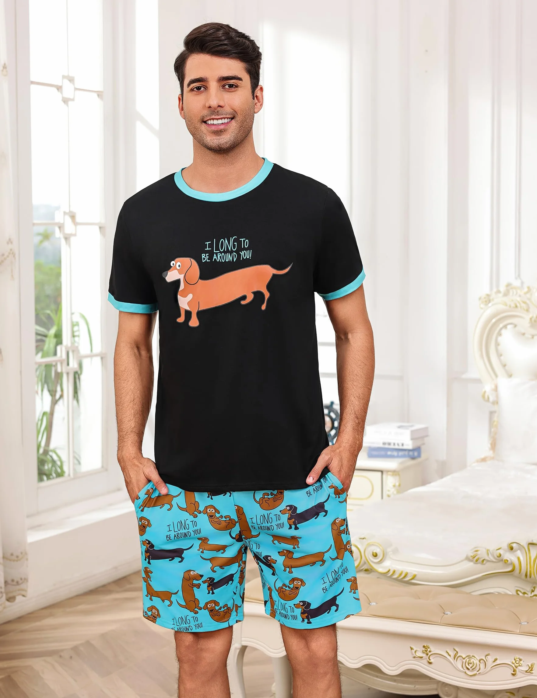 Demegimi Męska piżama bawełniana krótka zabawny pies duckelhund t-shirt spodnie piżamowe
