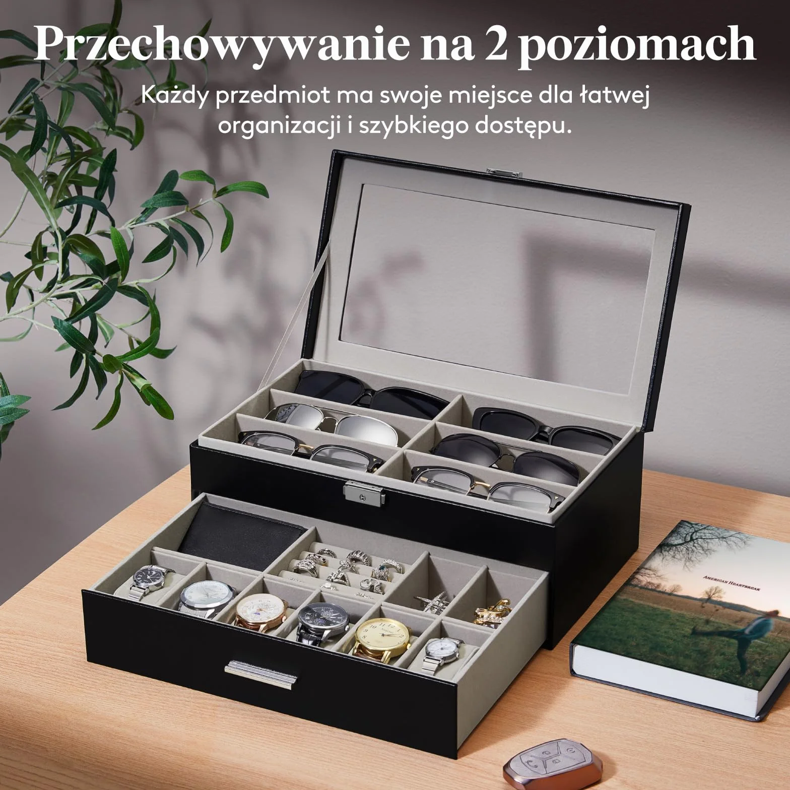 Lifewit 2-Warstwowy Organizer na Okulary Przeciwsłoneczne ze Szklaną Pokrywką, 6 Miejsc na Okulary i Zegarki, Czarny