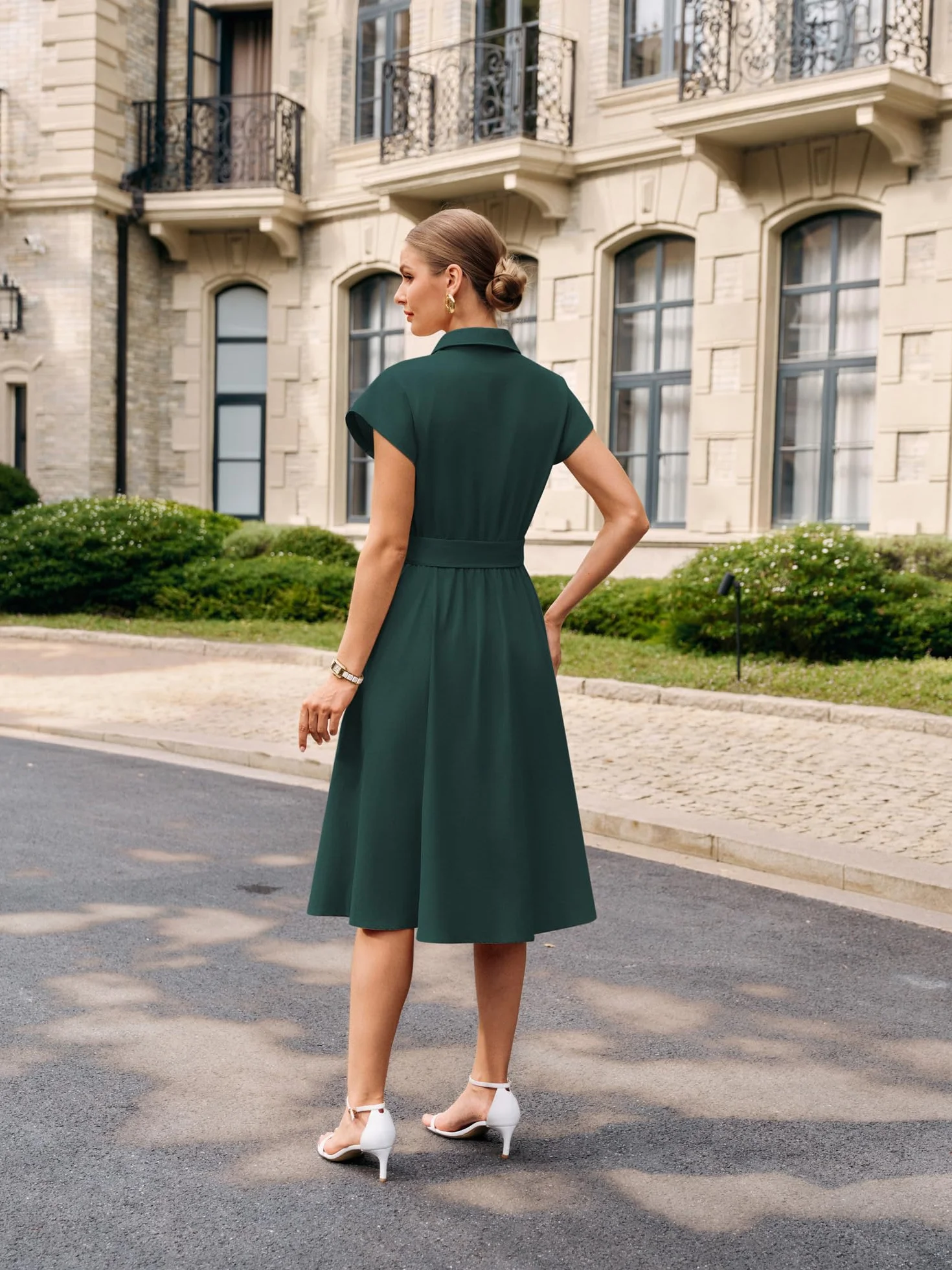 GRACE KARIN Damska sukienka midi z krótkim rękawem o linii A elegancka sukienka koszulowa