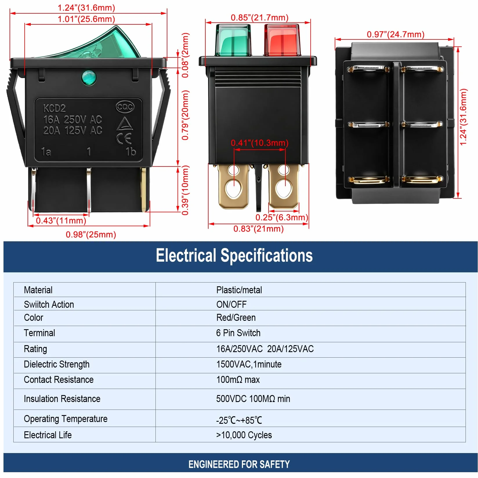 Heschen Podwójny przełącznik kołyskowy, ON-OFF, SPST, 6 zacisków, czerwone zielone światło, 16 A 250 V AC, 2 szt