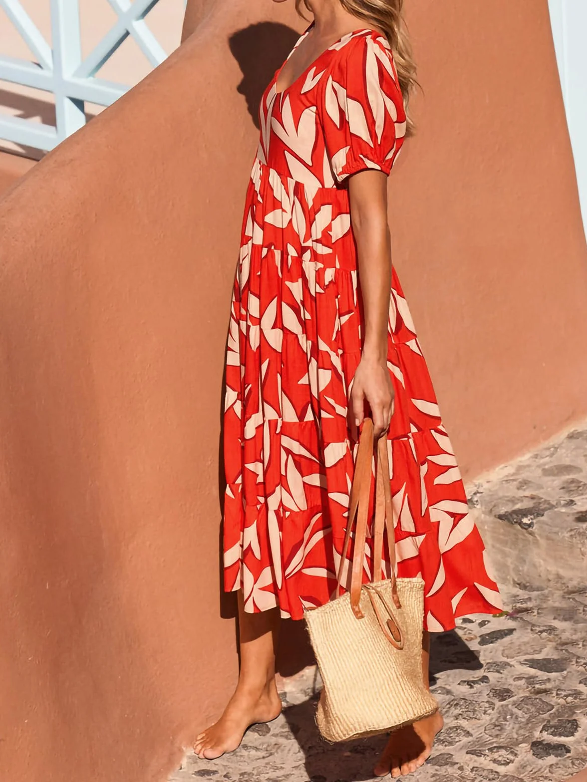 PRETTYGARDEN Short Sleeve Floral Maxi Dresses for Women 2025 Wedding Guest Summer Dress Flowy Beach Vacation Outfits (Orange White Flower,Large)