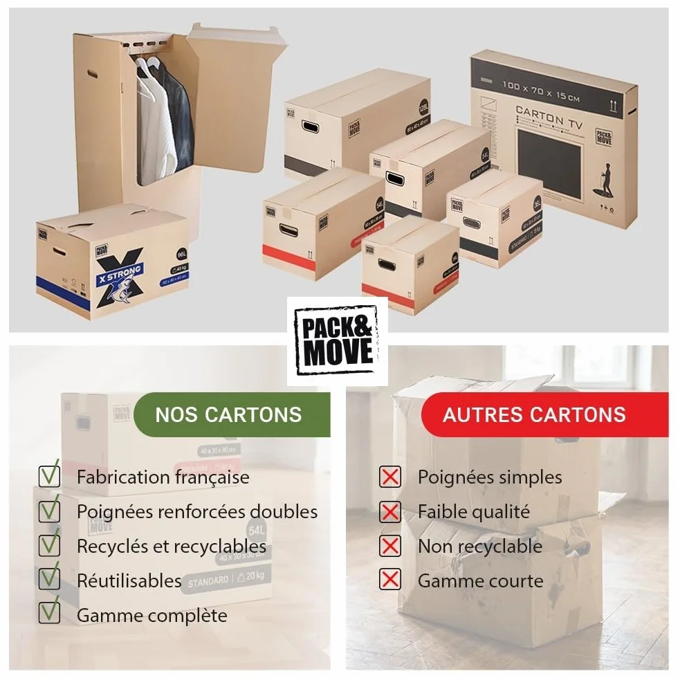 Zestaw 10 kartonów do przeprowadzki z automatycznym dnem - 60x50x40cm - Wyprodukowano we Francji - maksymalne obciążenie 30KG / 120L - certyfikat FSC 70%