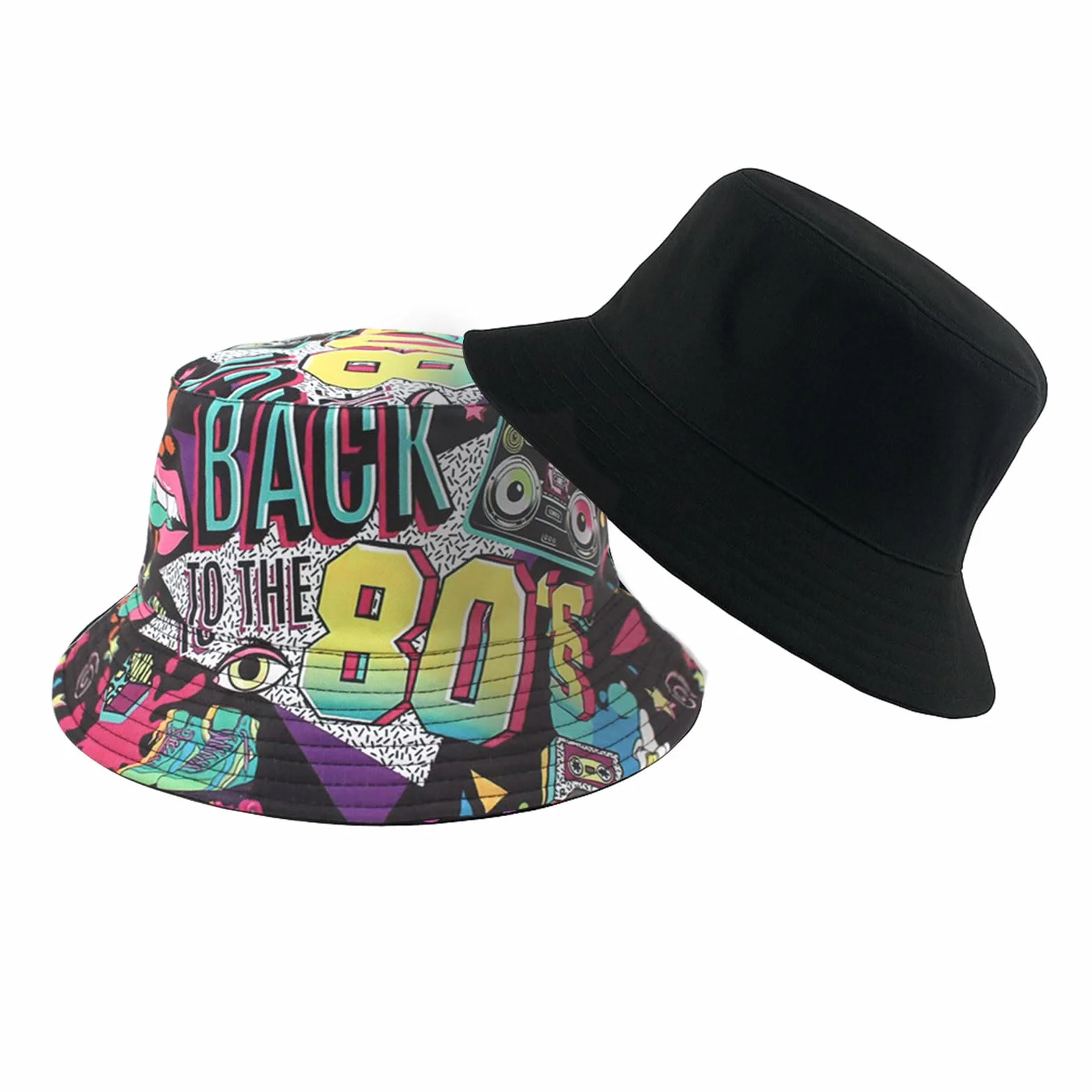 BelleVive Kapelusz typu bucket retro lata 80. 90. modny unisex dwustronny kapelusz rybacki dwustronny kapelusz przeciwsłoneczny pakowalna czapka przeciwsłoneczna lata 90. 80. akcesoria dla kobiet