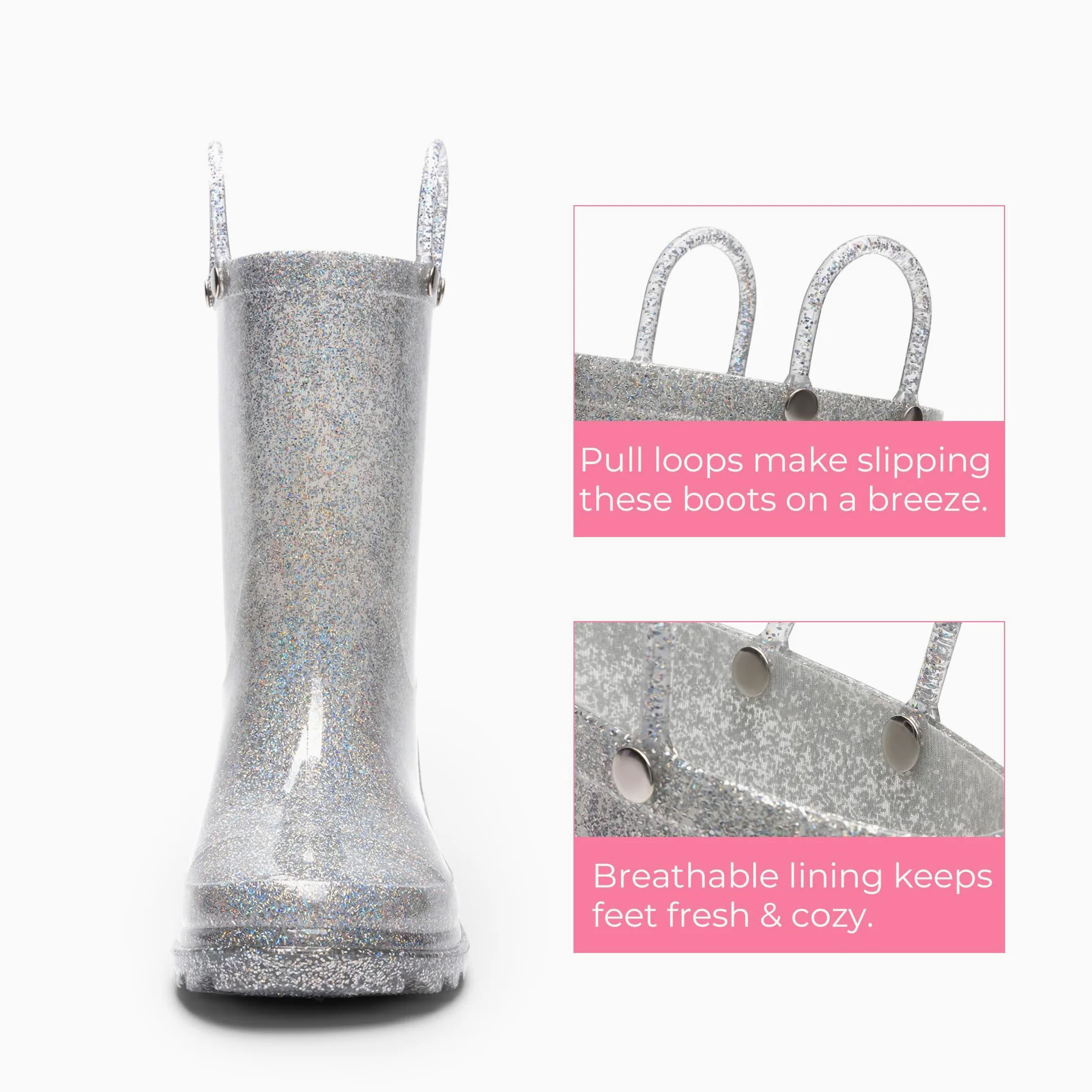 DREAM PAIRS Dziecięce buty przeciwdeszczowe dla chłopców i dziewcząt z łatwymi do zakładania uchwytami, błyszczące, wodoodporne buty do zabawy na świeżym powietrzu, buty przeciwdeszczowe, unisex