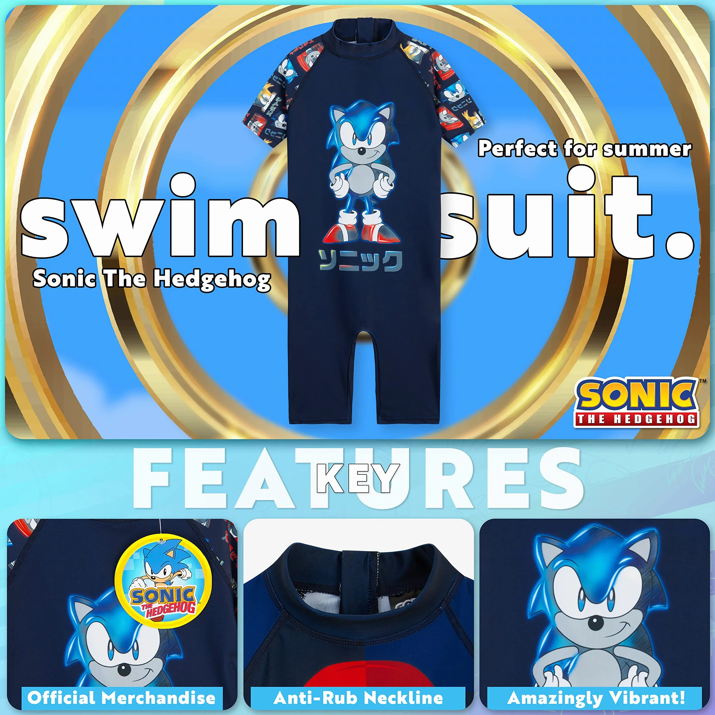 Sonic The Hedgehog Pływanie Chłopców Kostium Lato Wakacje Niezbędniki dla Dzieci Stroje Kąpielowe dla Dzieci 3-10 Lat Krótki Rękaw Pełne Ciało Strój kąpielowy z Zamkiem Błyskawicznym Plaża Basen