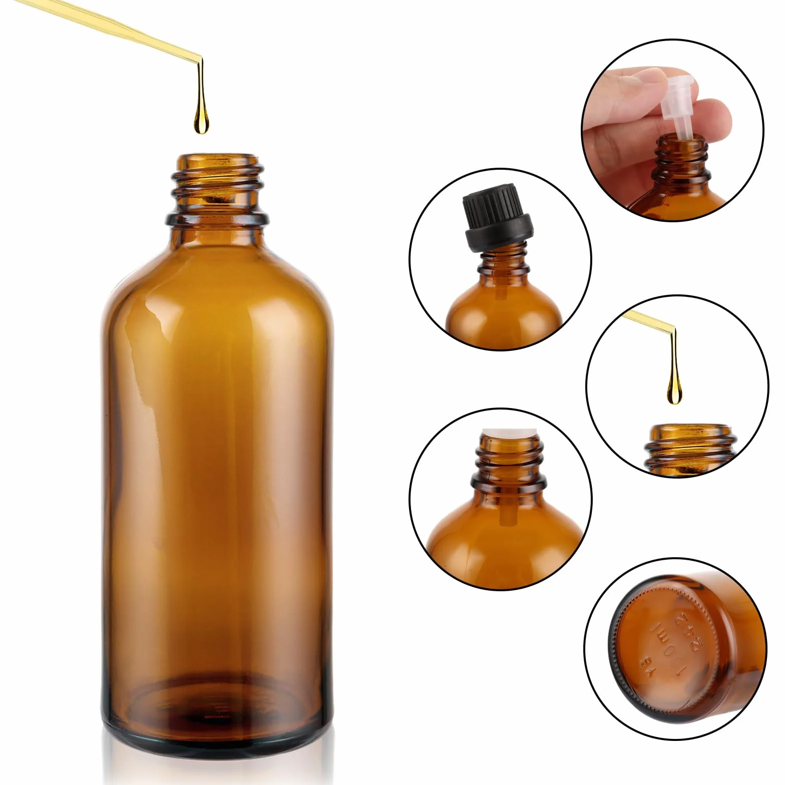 Zestaw 15 butelek bursztynowych 100 ml z zakraplaczem do olejków eterycznych