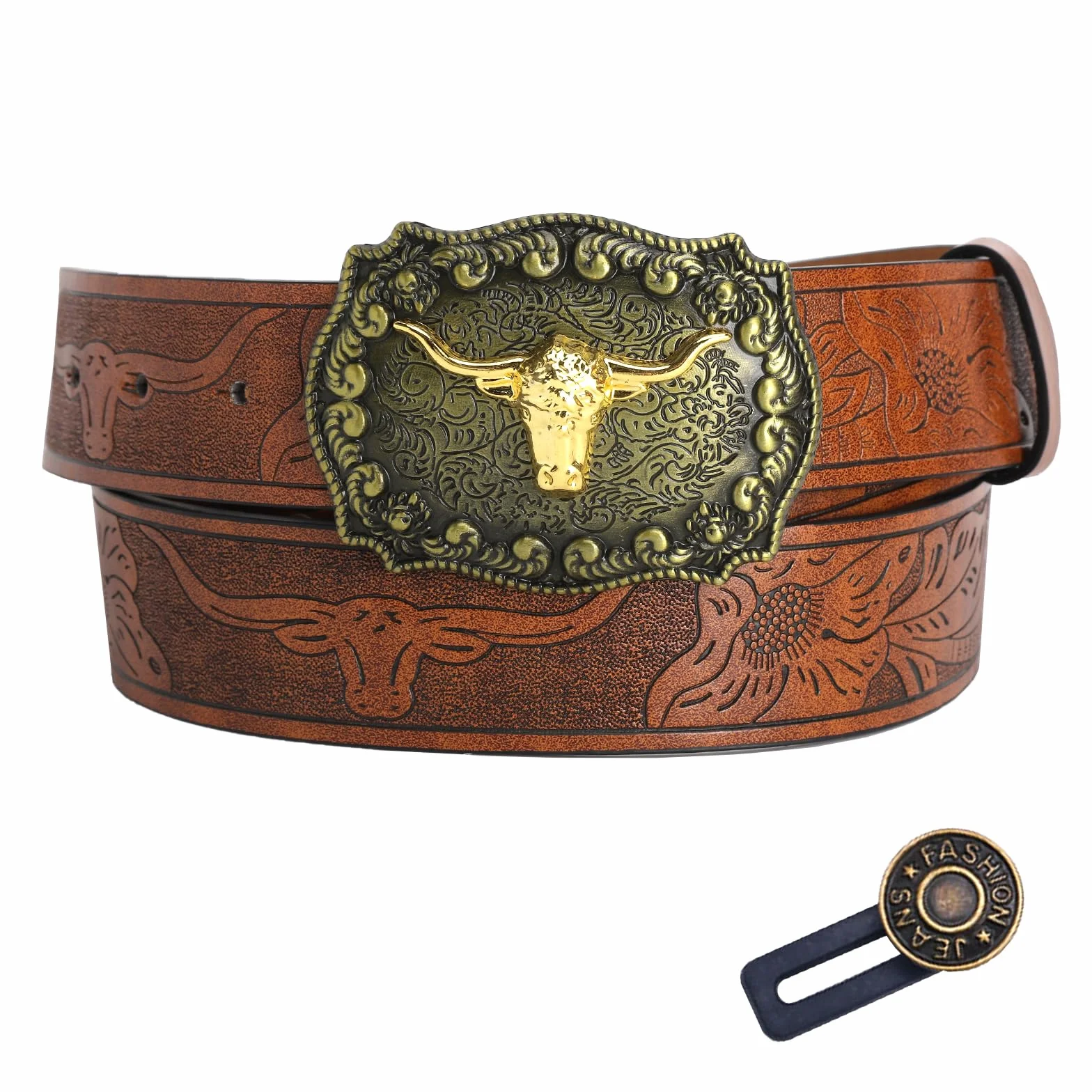 Cowboy pasek męski skórzany – westernowy damski kowboj z longhorn Bull Western, klamra do paska, tłoczenie kwiatowe, brązowy, damski w stylu country, do dżinsów, na co dzień, imprezę, prezent