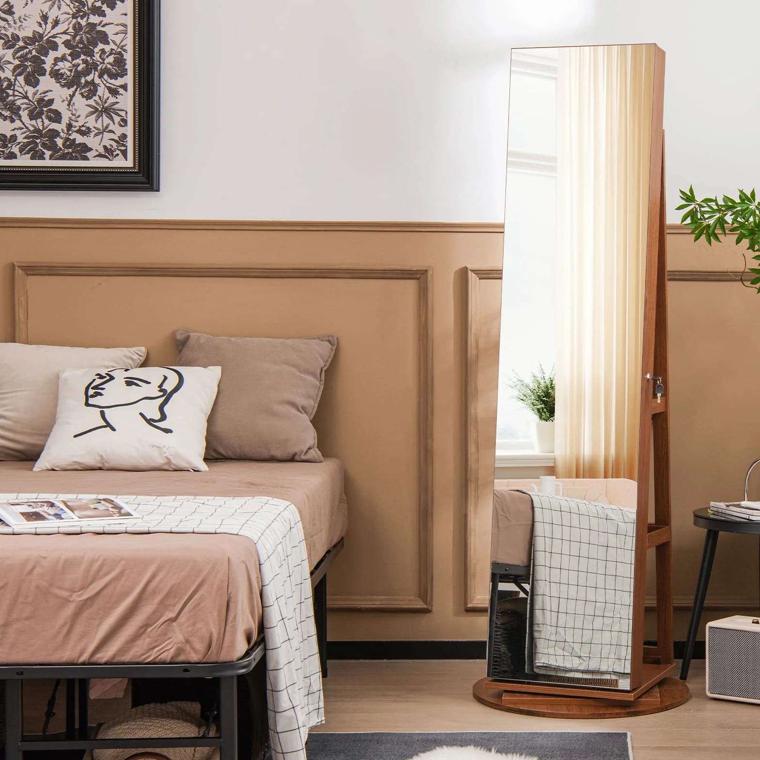 COSTWAY Szafka na biżuterię z diodami LED, szafka z lustrem, obracana o 360°, z pełnym lustrem, bez ramy, zamykana organizacja biżuterii, przechowywanie biżuterii (brązowa)