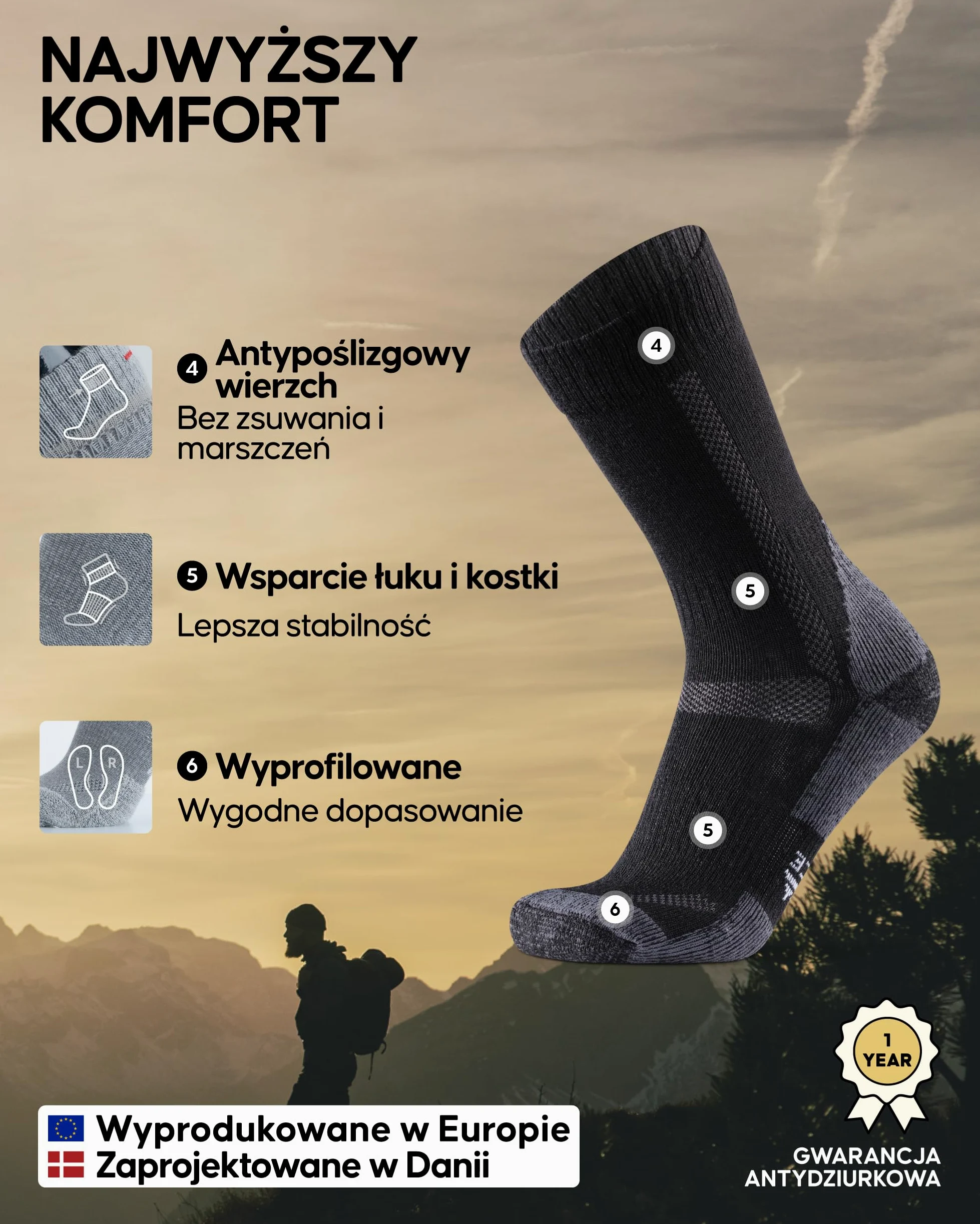 DANISH ENDURANCE Skarpety Trekkingowe z Wełny Merino z Amortyzacją, Oddychające, Przeciw Pęcherzom, dla Mężczyzn i Kobiet, Unisex