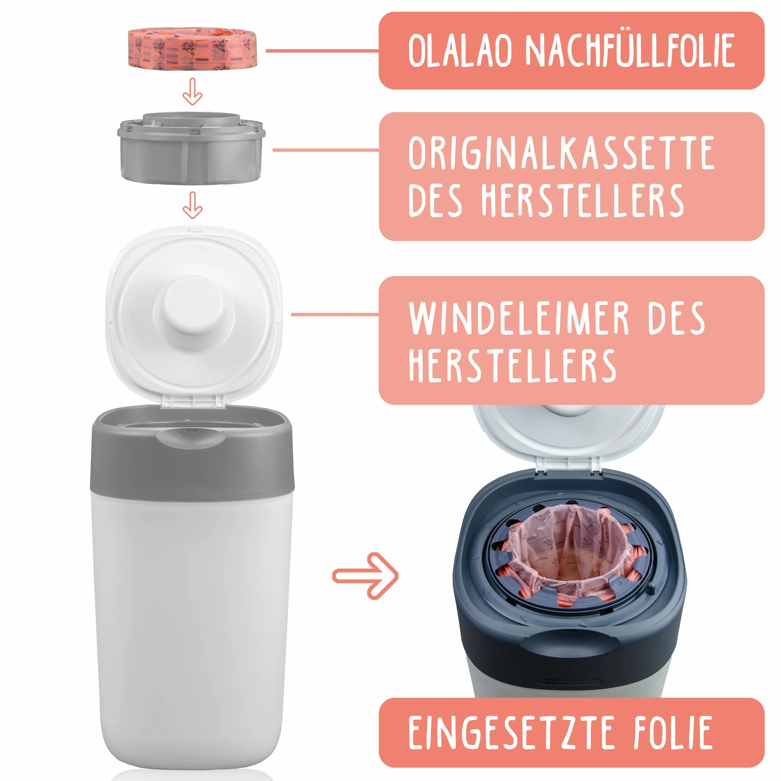 Folia uzupełniająca do wiaderek na pieluchy, 16 sztuk – kompatybilna z kasetami uzupełniającymi firmy Tommee Tippee Twist & Click i innymi (16 sztuk)