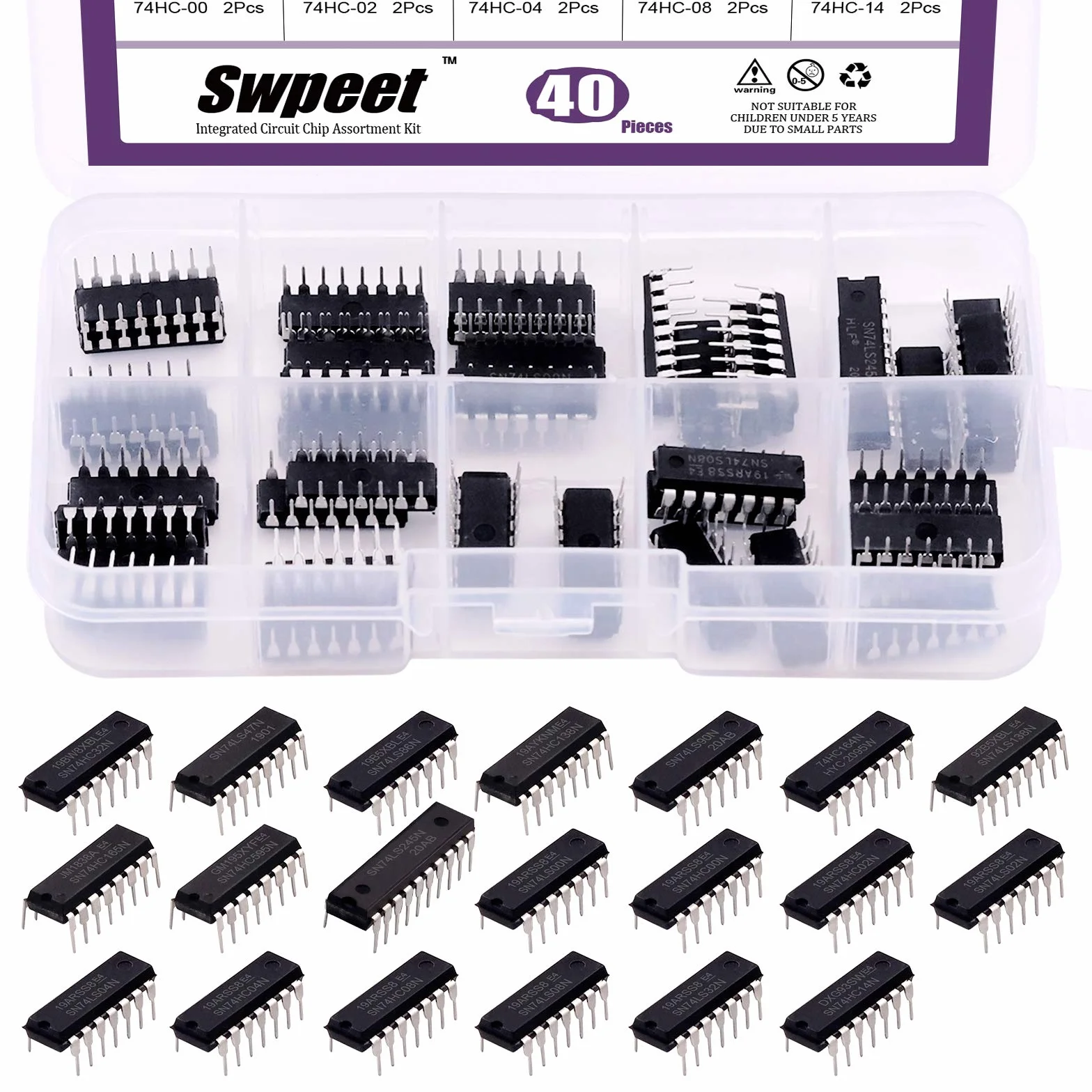 Swpeet Zestaw 40 sztuk w 20 różnych typach serii 74HCxx i 74LSxx Logic IC z pojemnikiem, rejestry wydania serii Schottky Logic do chipów
