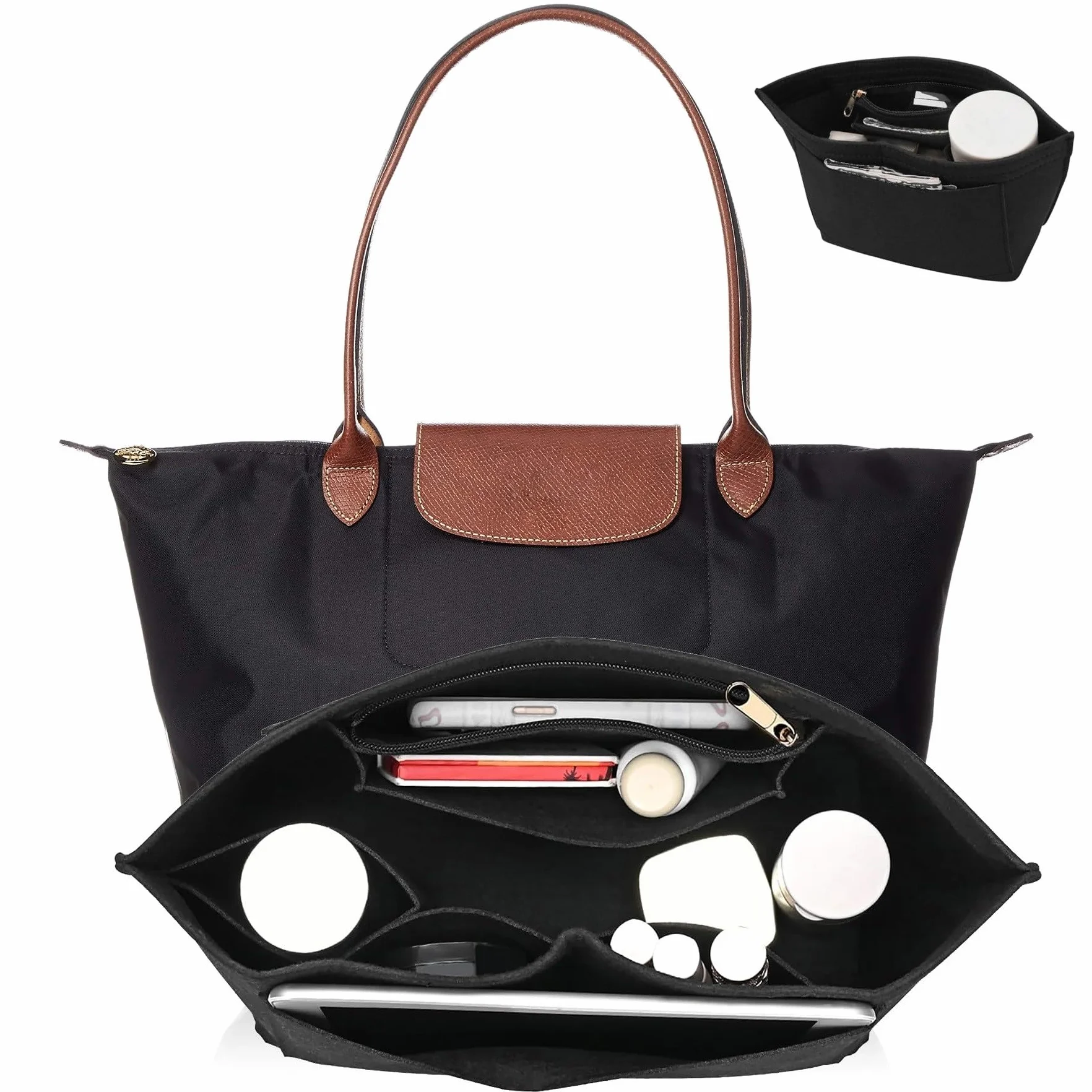 Wkładka do organizera Longchamp Le Pliage, średnia filcowa wkładka do torebki, organizer z zamkiem błyskawicznym, 8 kieszeni