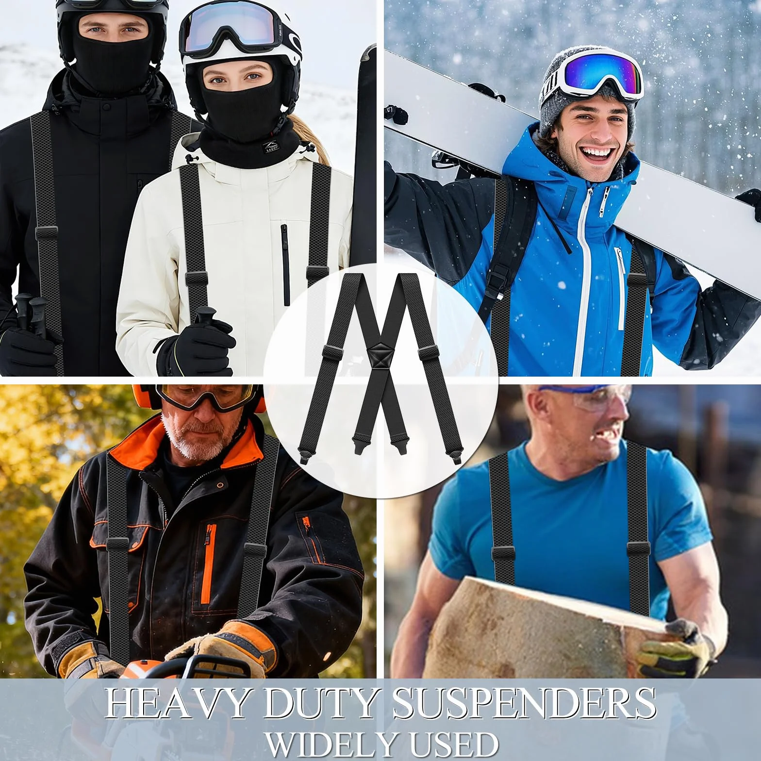 Suspenders for Men Heavy Duty 1,6 cala Wide Airport Friendly Hidden Suspenders with 4 Plastic Gripper Clasps Adjustable Elastic Braces for Casual Work X-Back czarne