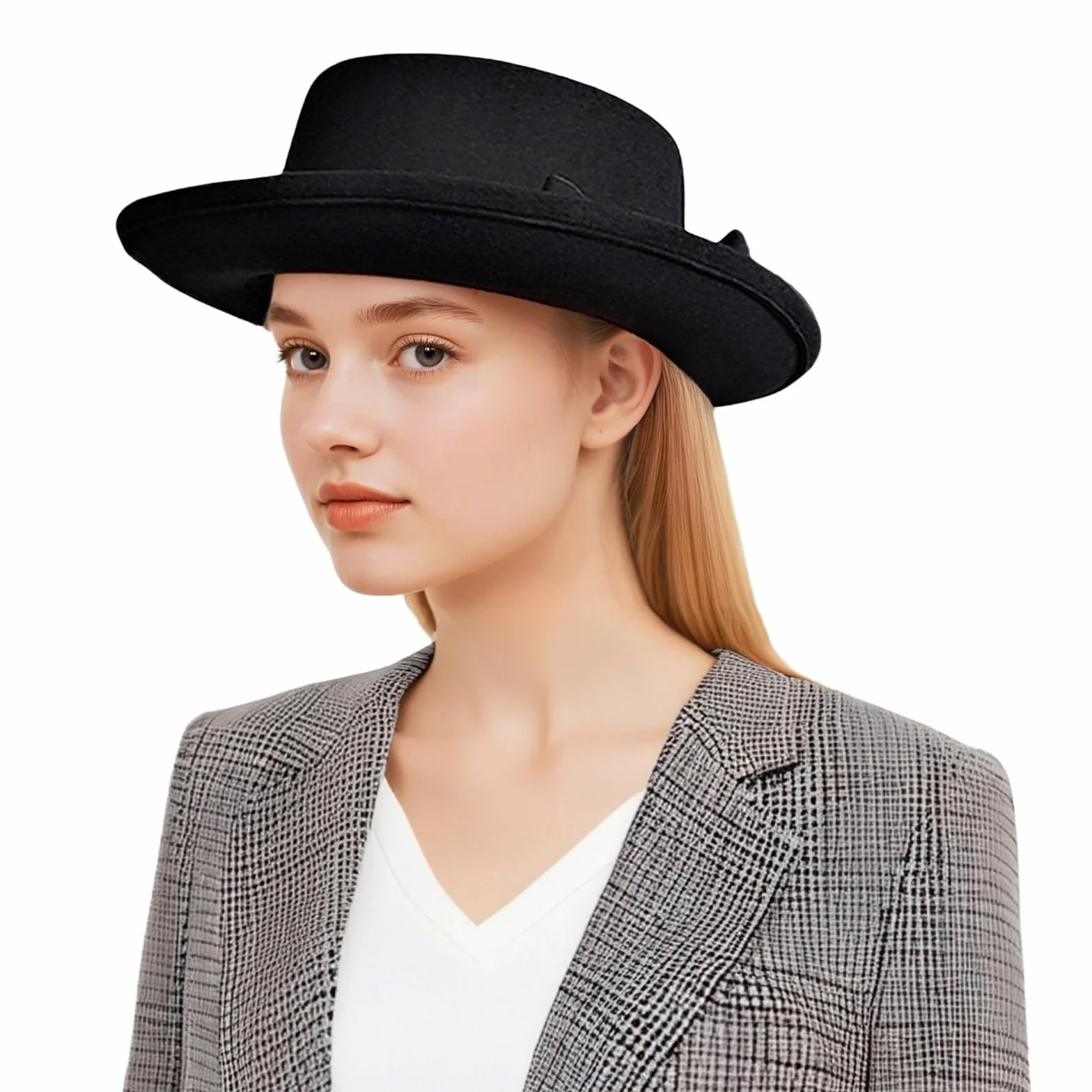 Klasyczny kapelusz Fedora damski Rollbrim Wieprzowy kapelusz filcowy płaski kapelusz do kościoła na wesele przyjęcie kapelusze z tasiemką