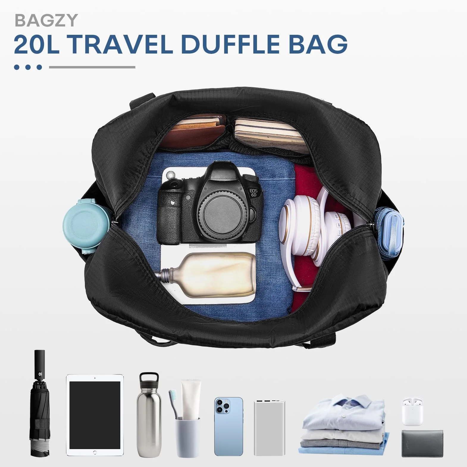 BAGZY Torba Podróżna Zwijana 20L Ryanair Bagaż podręczny 40x20x25 Torba Sportowa Wasserdicht Podróż Bagaż Torby do Samolotu Kabina Weekender Torby Podróżne Szpital Torbas z 1szt Kosmetyczka