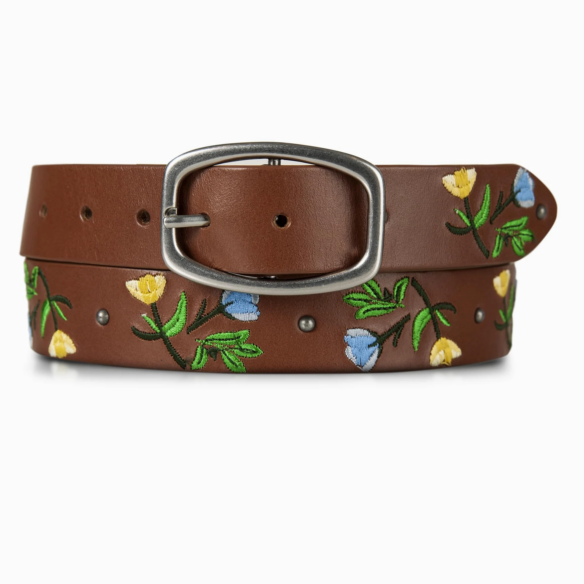 Lucky Brand Damski haftowany pasek skórzany pasek, haftowany wzór kwiatowy – jasnobrązowy, M (28-30"), Haftowany wzór kwiatowy – jasnobrązowy, M (28-30")