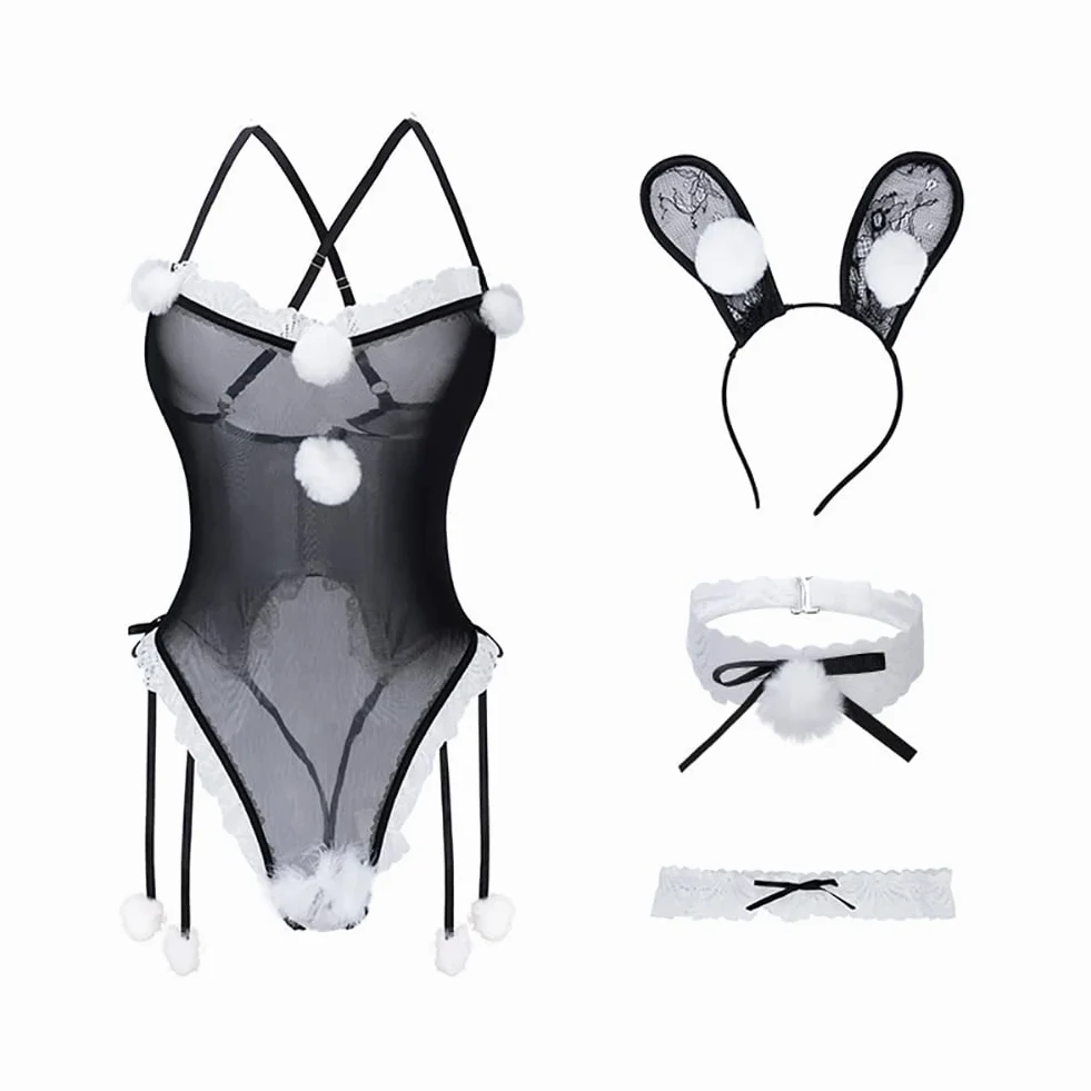 SNOMYRS Damska seksowna bielizna króliczek z siatki niegrzeczny mundur cosplay jednoczęściowe body królik strój