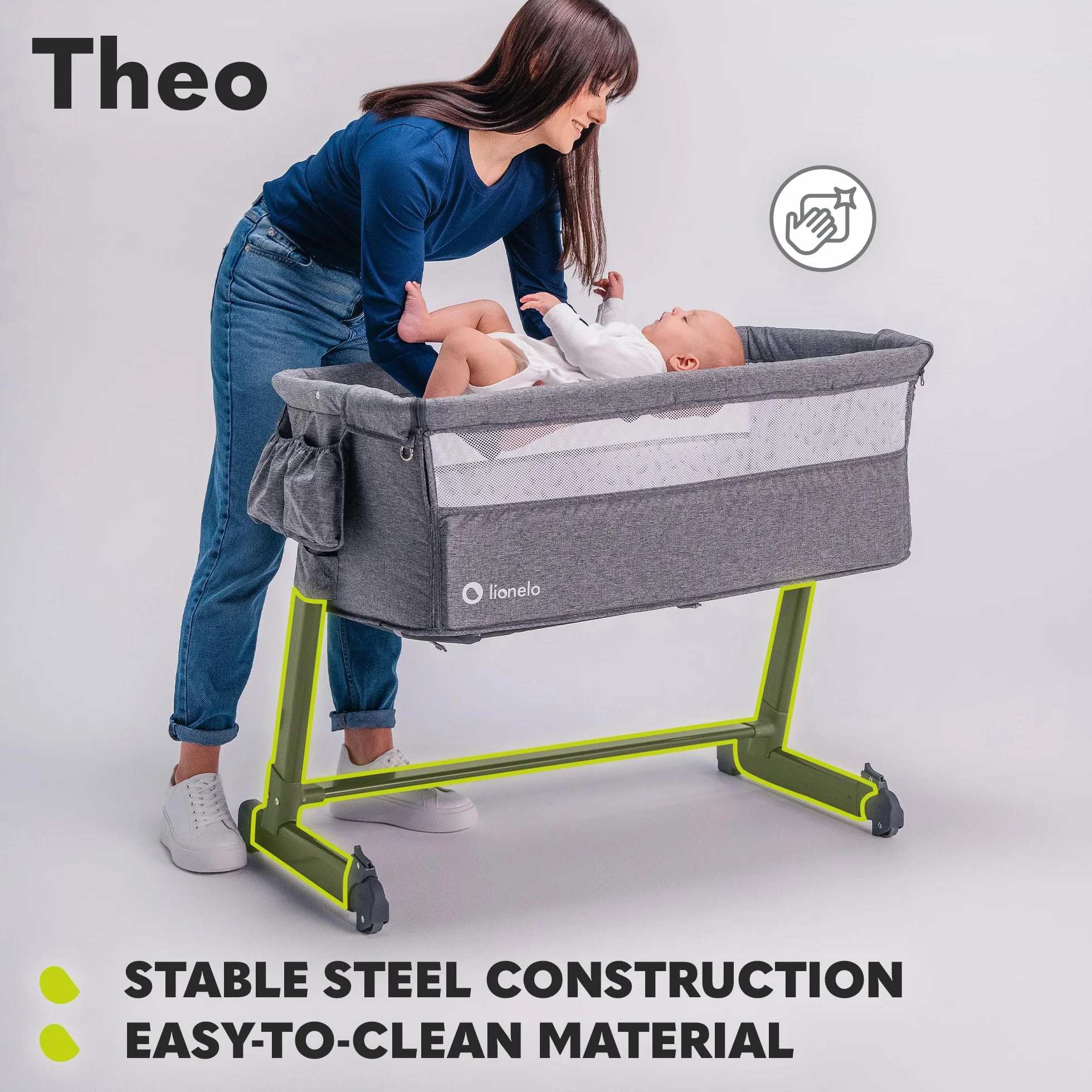 Lionelo Theo 2 W 1 Łóżeczko Dziecięce, Łóżeczko Podróżne, Łóżeczko Dla Niemowlaka Od Urodzenia Do 9 Kg, Regulacja Wysokości Nachylenia, Składana Ściana Boczna, Materac, Moskitiera