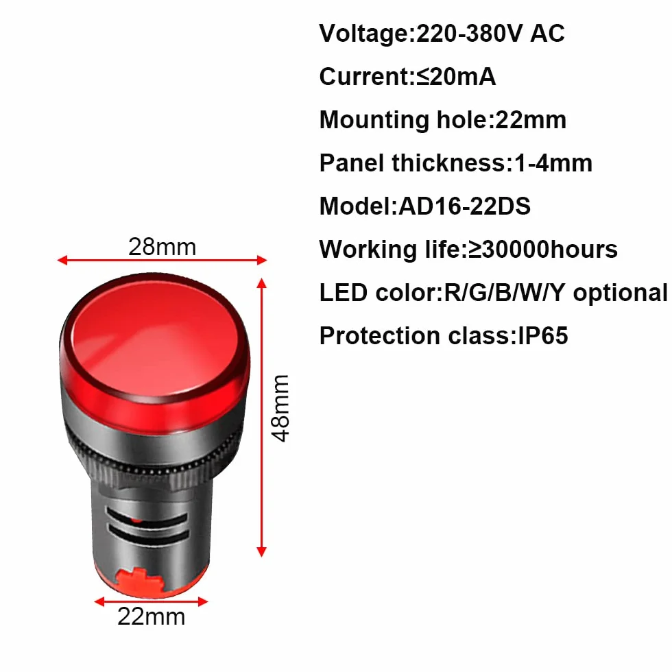 Gebildet 10 Sztuk 22mm Lampka Kontrolna 220-380Vac Led Do Montażu Na Panelu Podtynkowym (Czerwony/Zielony/Niebieski/Pomarańczowy/Biały, Każdy Kolor 2 Szt.)