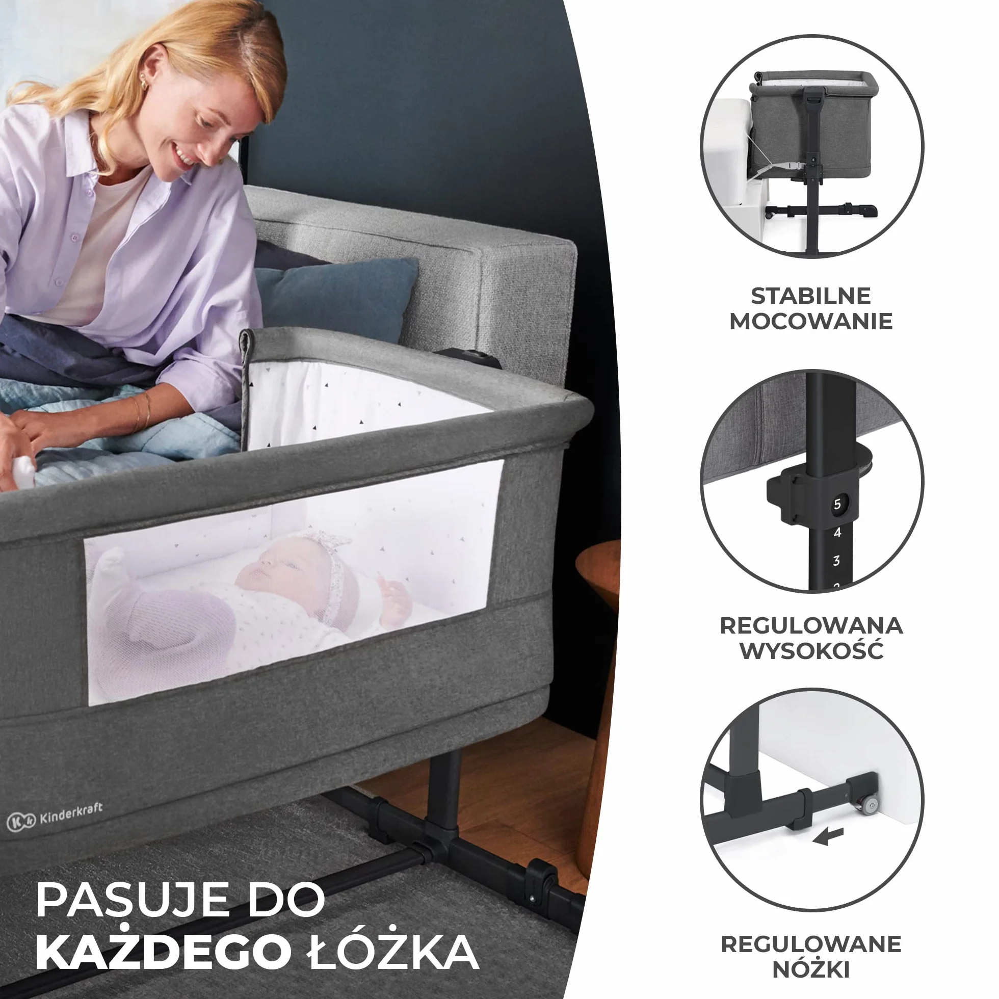 Kinderkraft NESTE GROW Łóżeczko dziecięce 3 w 1, Łóżeczko dostawne, Łóżeczko dla niemowlaków od urodzenia do 2 lat, Regulowana wysokość, Łatwy montaż, Materacyk i Torba w zestawie, Jasnoszary