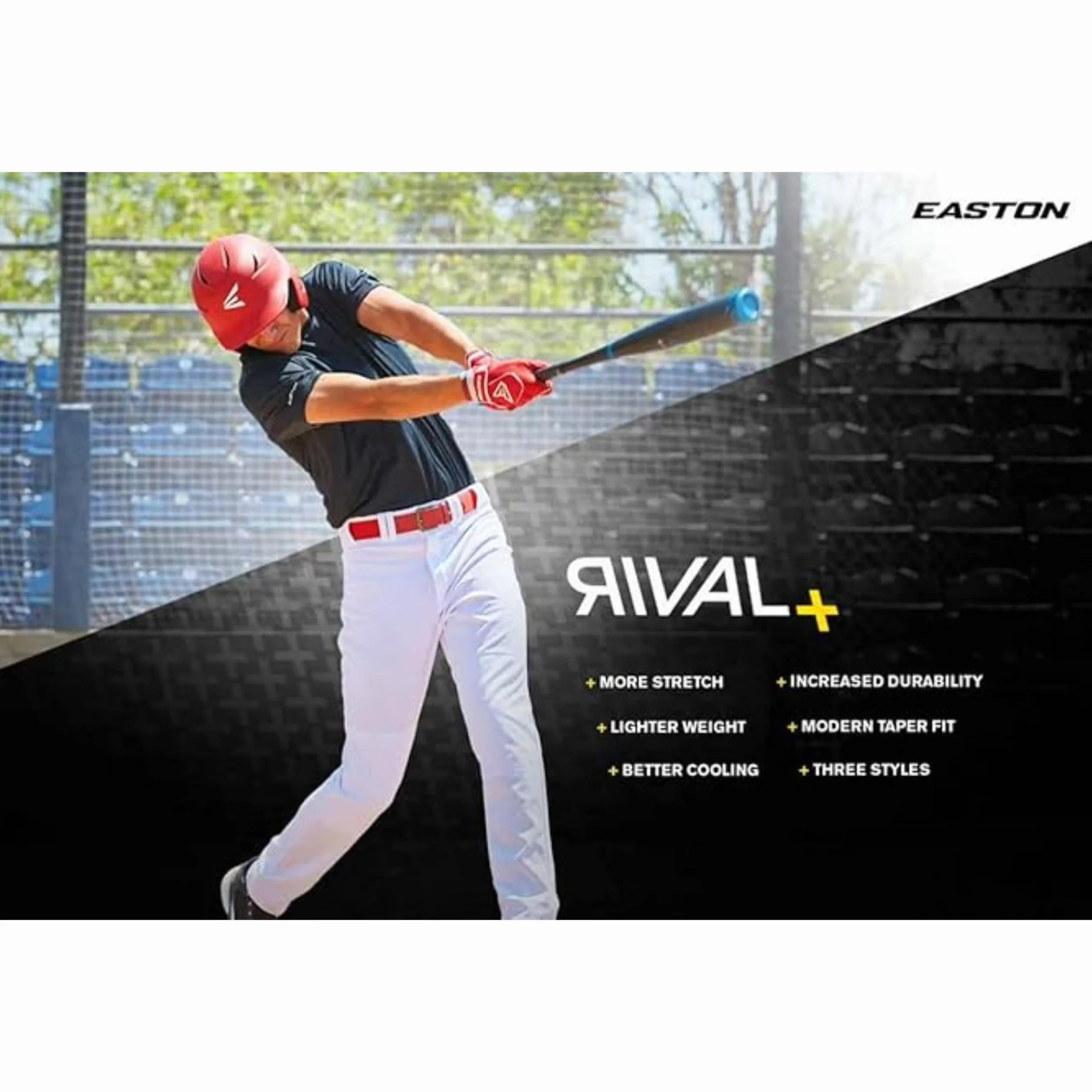 Easton Rival+ spodnie baseballowe, pełna długość/półluźny krój, rozmiary dla dorosłych, opcje jednolite i lamówki