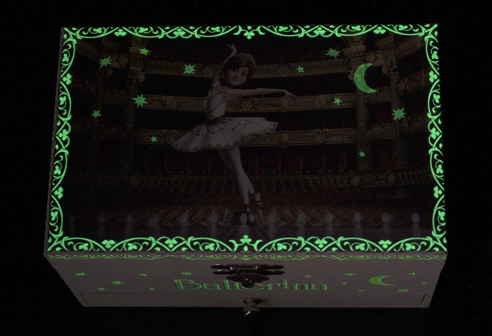 Trousselier - Balerina filmu - puszka na biżuterię - pozytywka - dla młodych dziewczynek - fosforyzująca - świeci w ciemności - muzyka jezioro łabędzia - kolor kości słoniowej