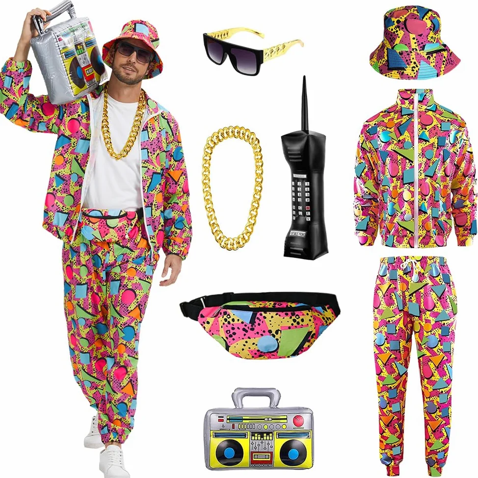Strój z lat 80., męski dres w stylu lat 90., retro, dres na Halloween, karnawał, kostium sportowy, 8 szt