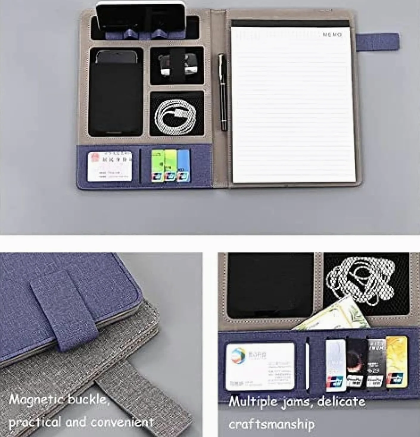 Biurowa Sztuczna Skórzana Klamra Magnetyczna A4 Portfolio Biznesowe Teczka Profesjonalny Organizer Konferencyjny Etui Na Cv I Dokumenty, Podkładka Do Pisania, Uchwyt Na Kart, Blue, 24 * 32cm