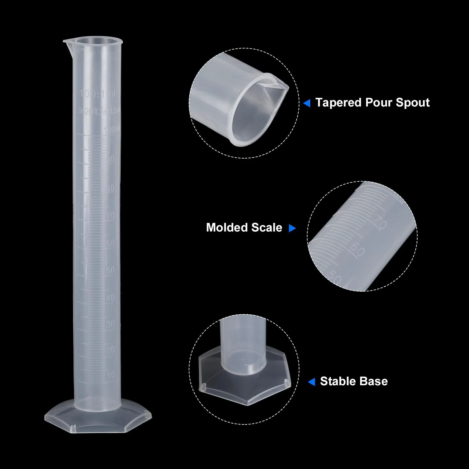 PATIKIL 5 szt. 10/25/50/100/250 ml PP plastikowy cylinder z podziałką 5 szt. 50 ml/100 ml/250 ml/500 ml/1000 ml plastikowa zlewka i 3 szt. 50 ml/100 ml/500 ml kolba, 10 szt. 3 ml plastikowa pipeta