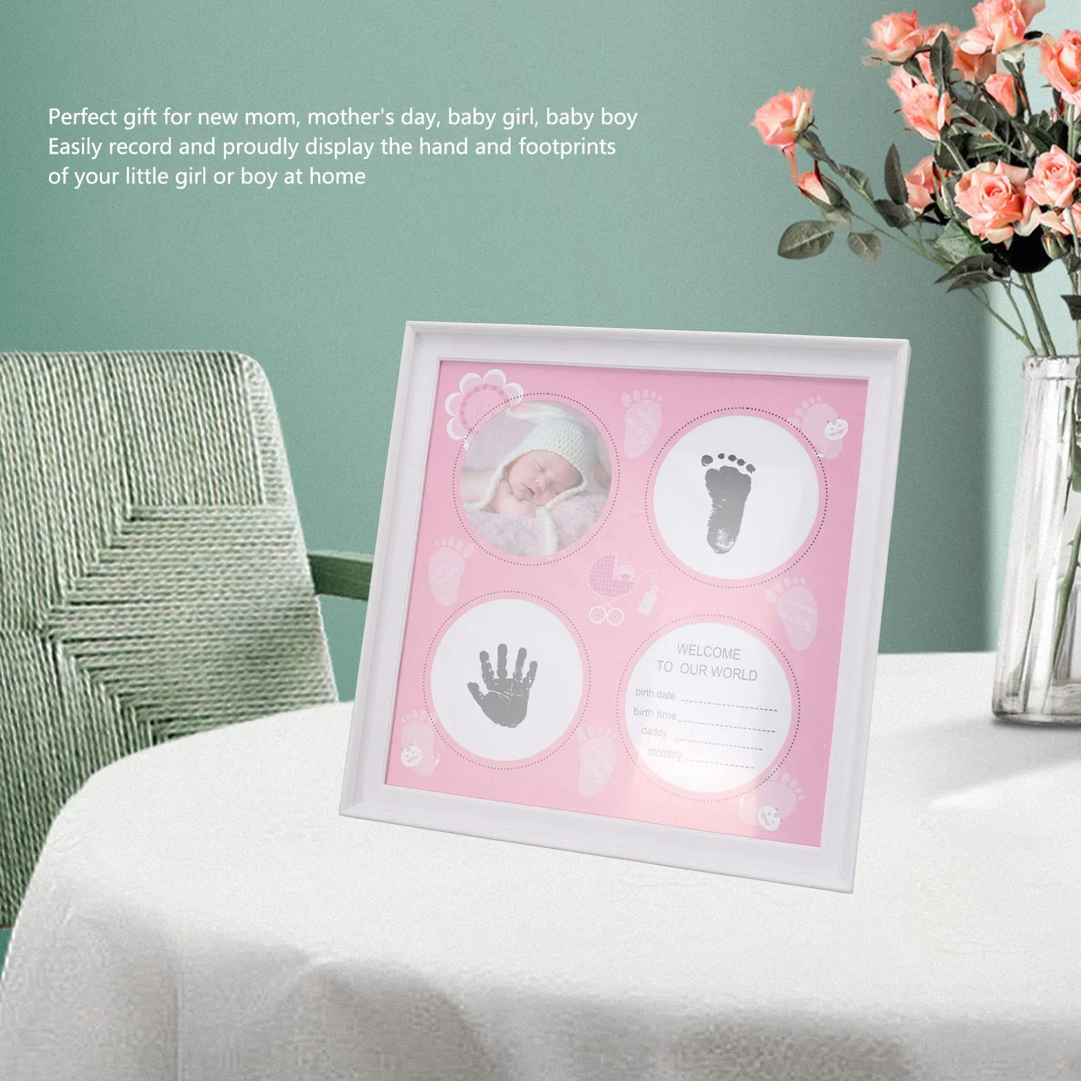 BORDSTRACT Baby Handprints And Footprints Ramka Na Zdjęcia, Prezent Dla Noworodka, Pamiątka Dla Chłopca I Dziewczynki Milestone Ramka Na Zdjęcia Dla Noworodków, Dekoracja Pokoju(Różowy)