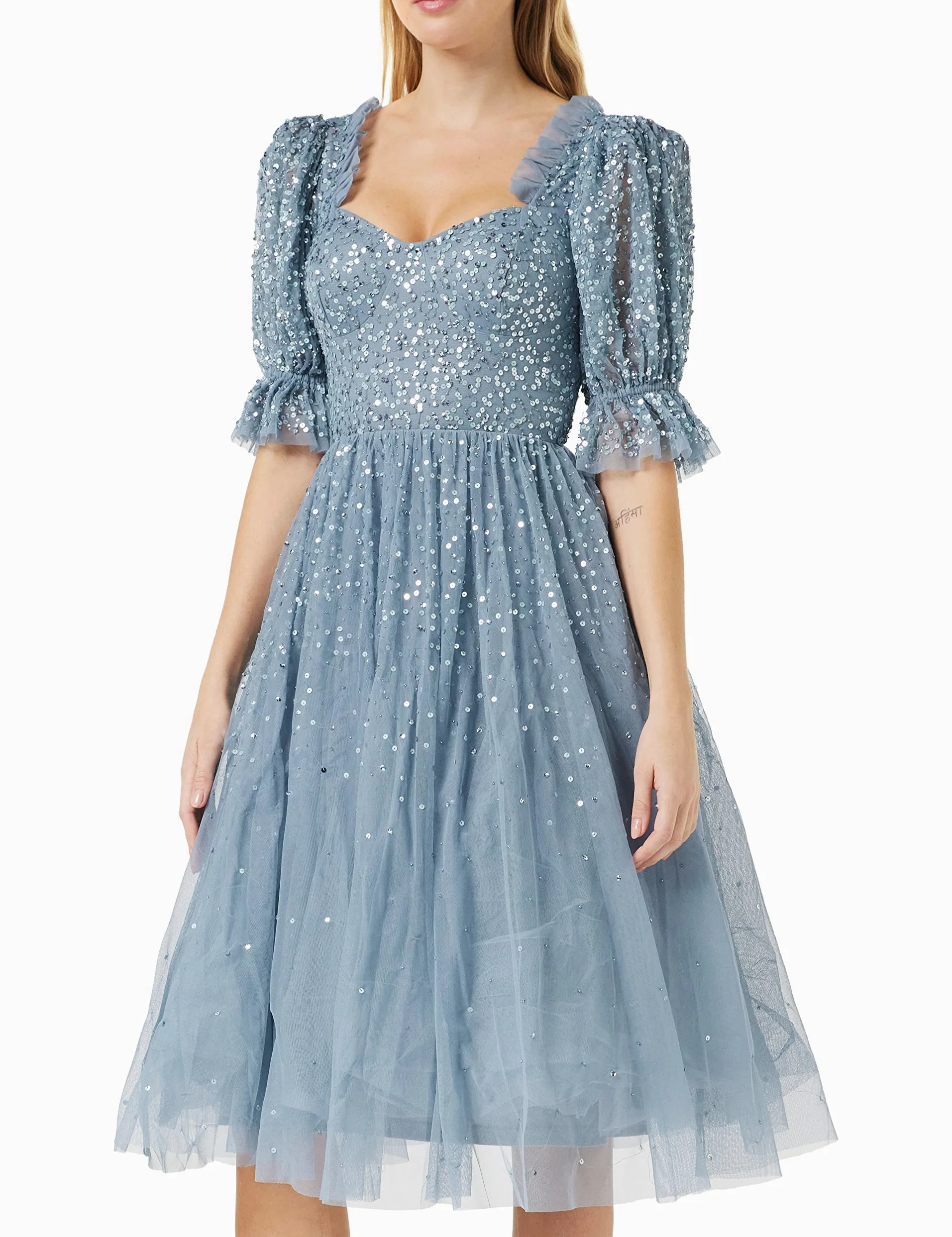 Maya Deluxe Sukienka damska Midi Sequin Emmbellished Frilly Sweetheart Neckline Puffed Sleeves for Wedding Guest Prom Evening sukienka damska, Dusty Blue, 20