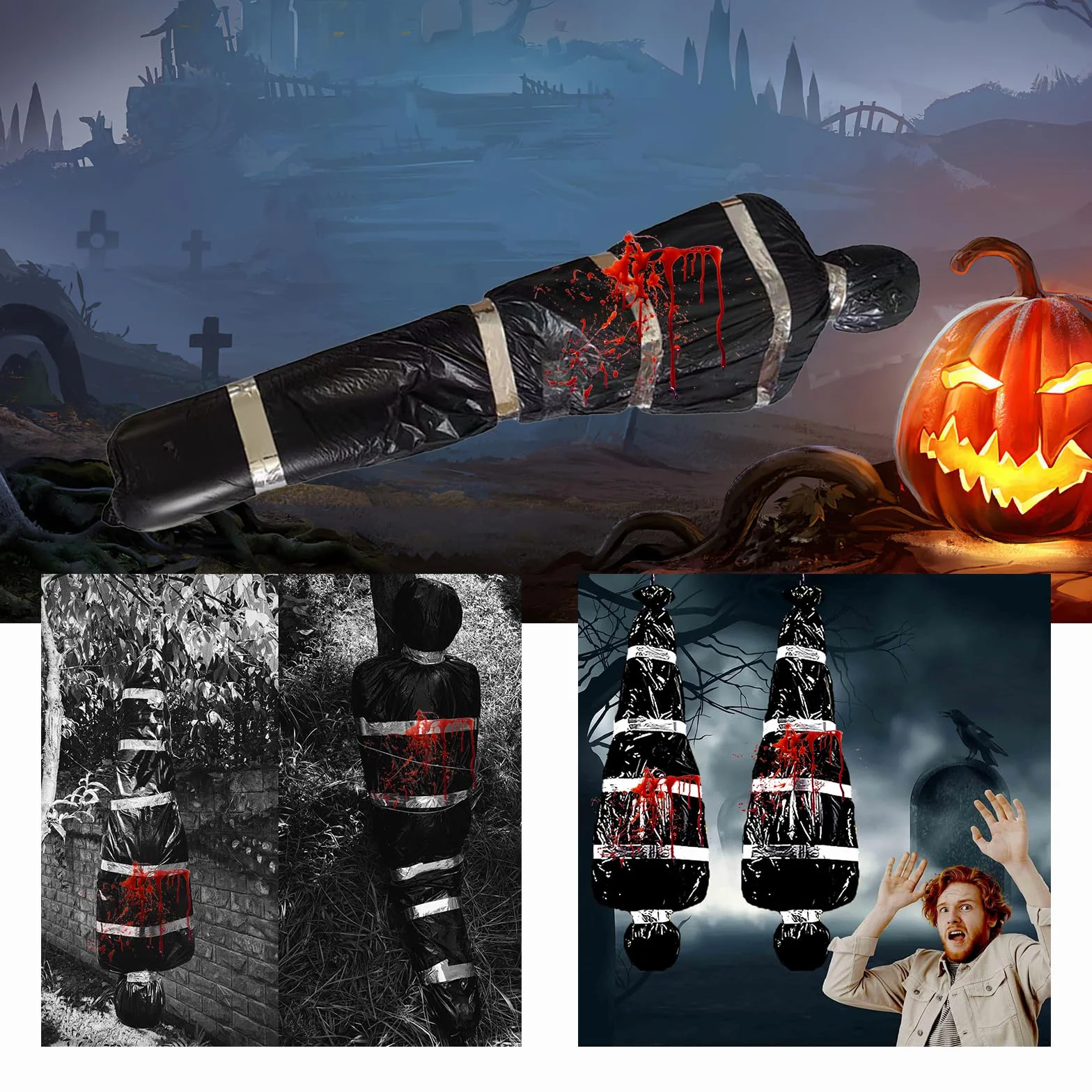 Worek na ciało, rekwizyt na Halloween Dekoracje, dekoracja z motywem martwych ofiar, nadmuchiwane, sztuczne zwłoki, do ogrodu, na taras, trawnik