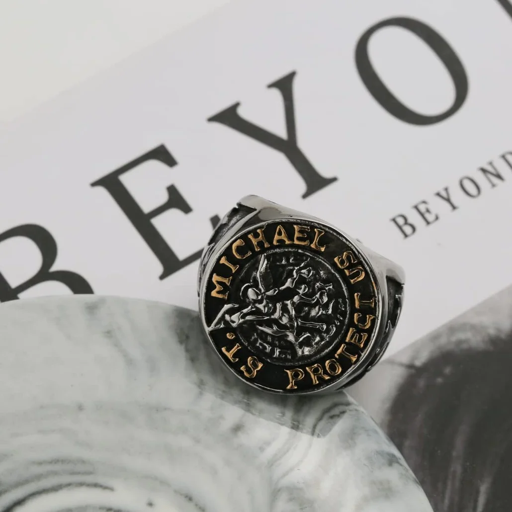 St Michael Sygnet, MęSki Gotycki PierśCionek Ze Stali Nierdzewnej W Stylu Vintage Archanioł Patronus,Silver,14