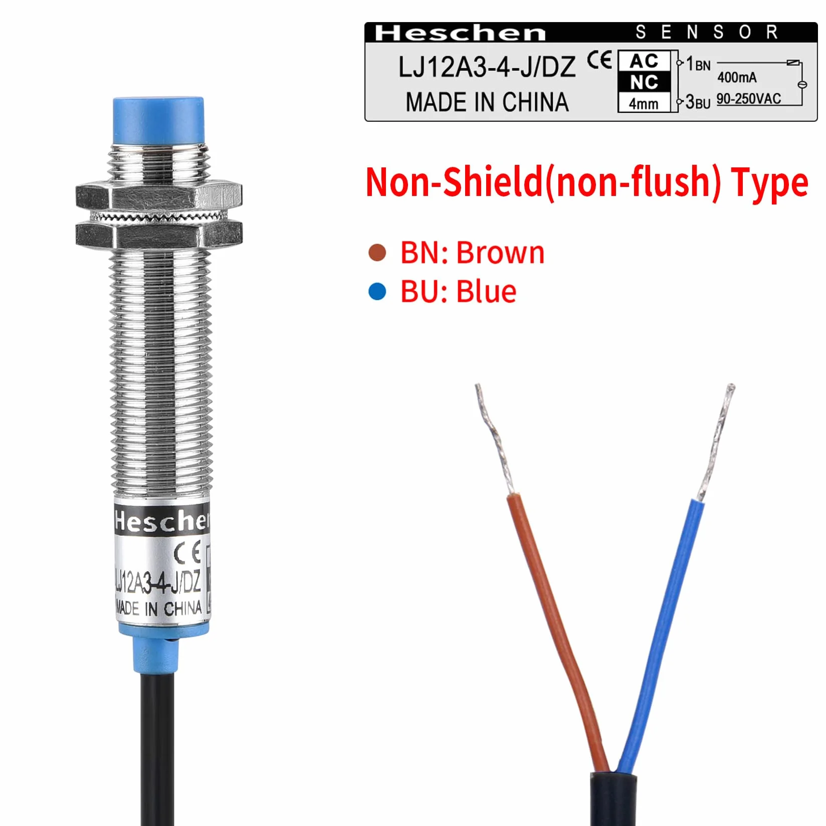 Heschen M12 - Nieekranowany indukcyjny czujnik zbliżeniowy typu LJ12A3-4-J/DZ detektor 4 mm 90-250 VAC 400 mA normalnie zamknięty (NC) 2 przewody