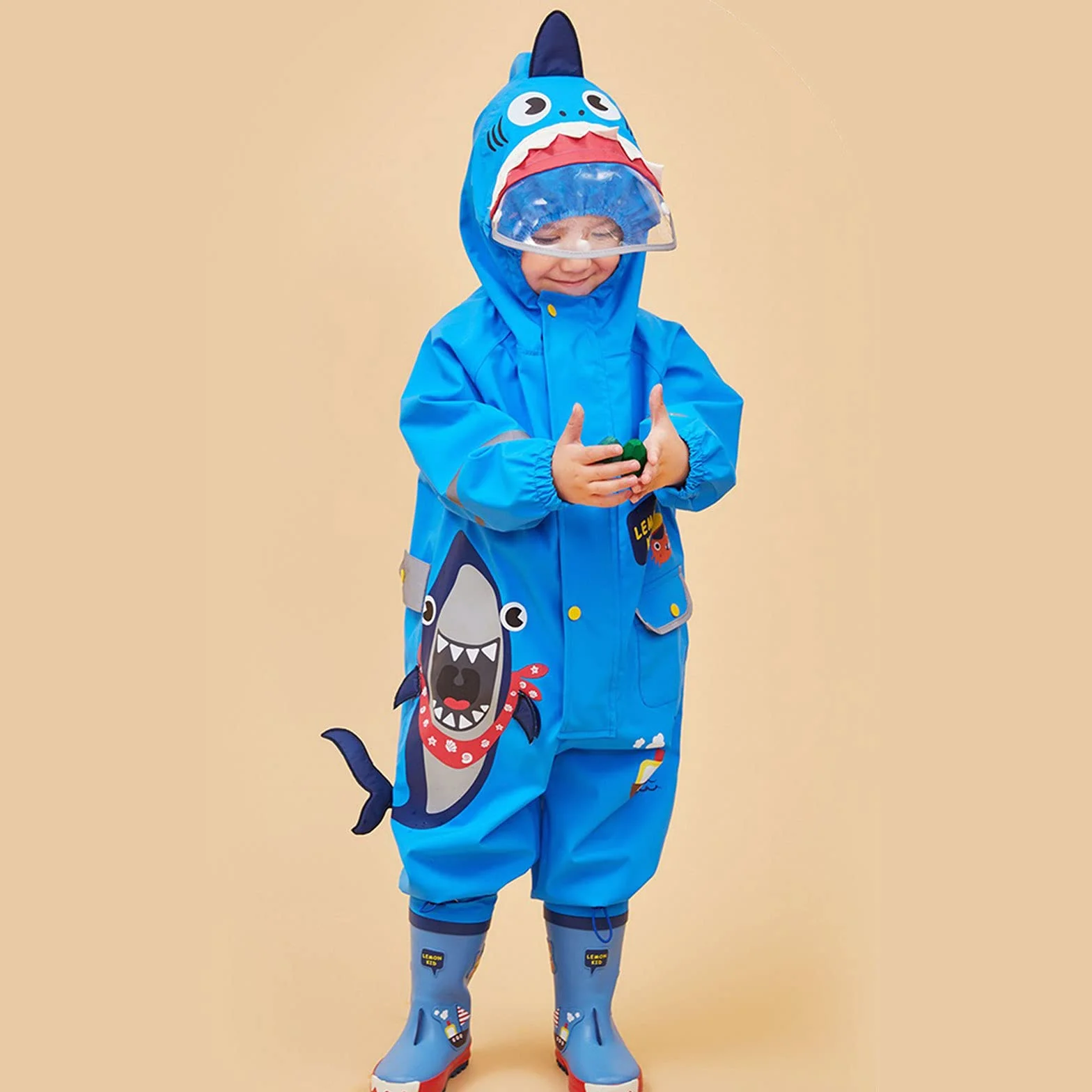 JinBei Garnitury dziecięce dla chłopców i dziewcząt wszystko w jednym, wodoodporne płaszcze przeciwdeszczowe z kapturem unisex, lekkie, urocze wzory 3D, kombinezony przeciwdeszczowe, oddychające