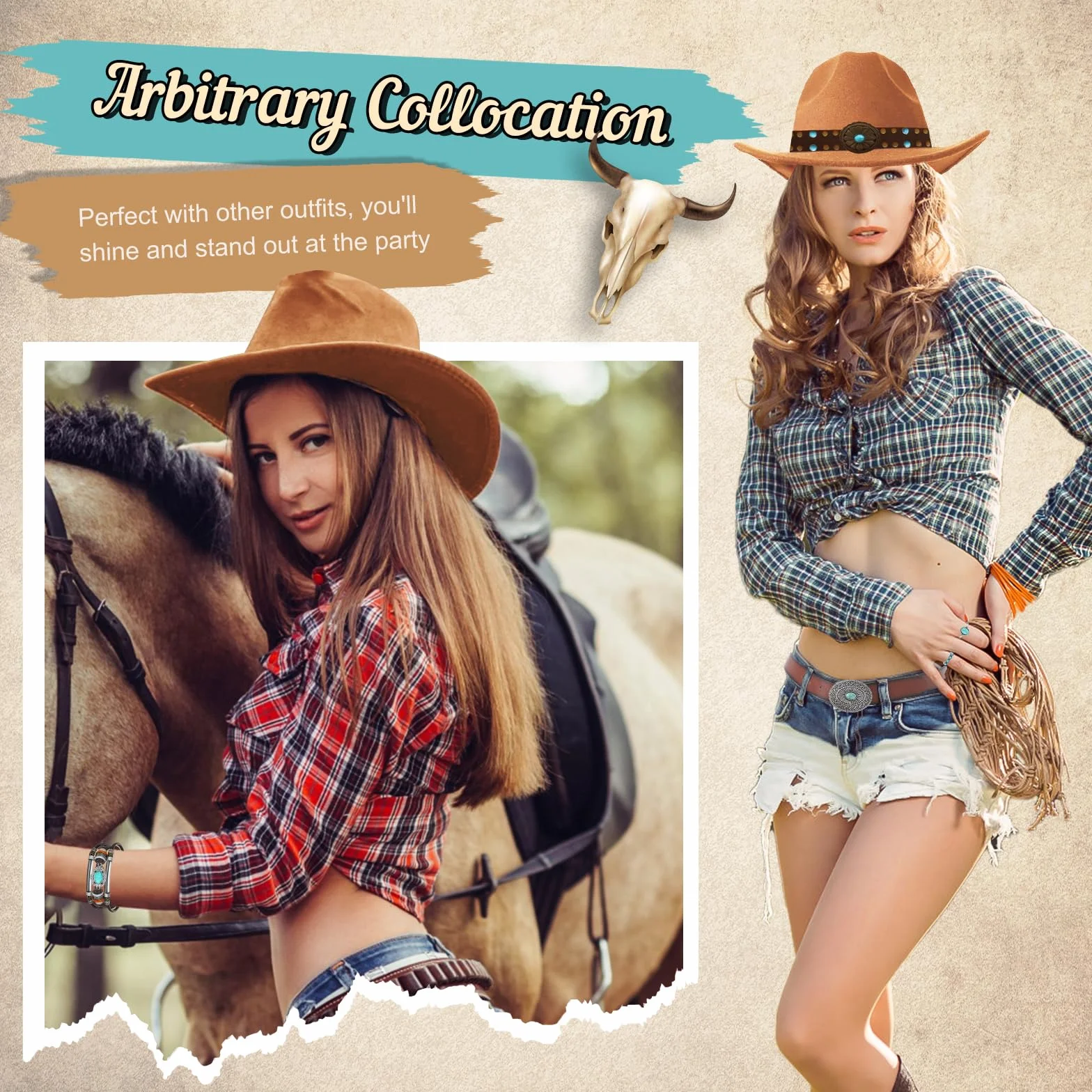 Zestaw 7 sztuk akcesoriów do kapelusza kowbojskiego dla kobiet, zestaw kostiumów western cowgirl z kapeluszami kowbojskimi, paskiem, naszyjnikiem boho, kolczykami, pierścionkami