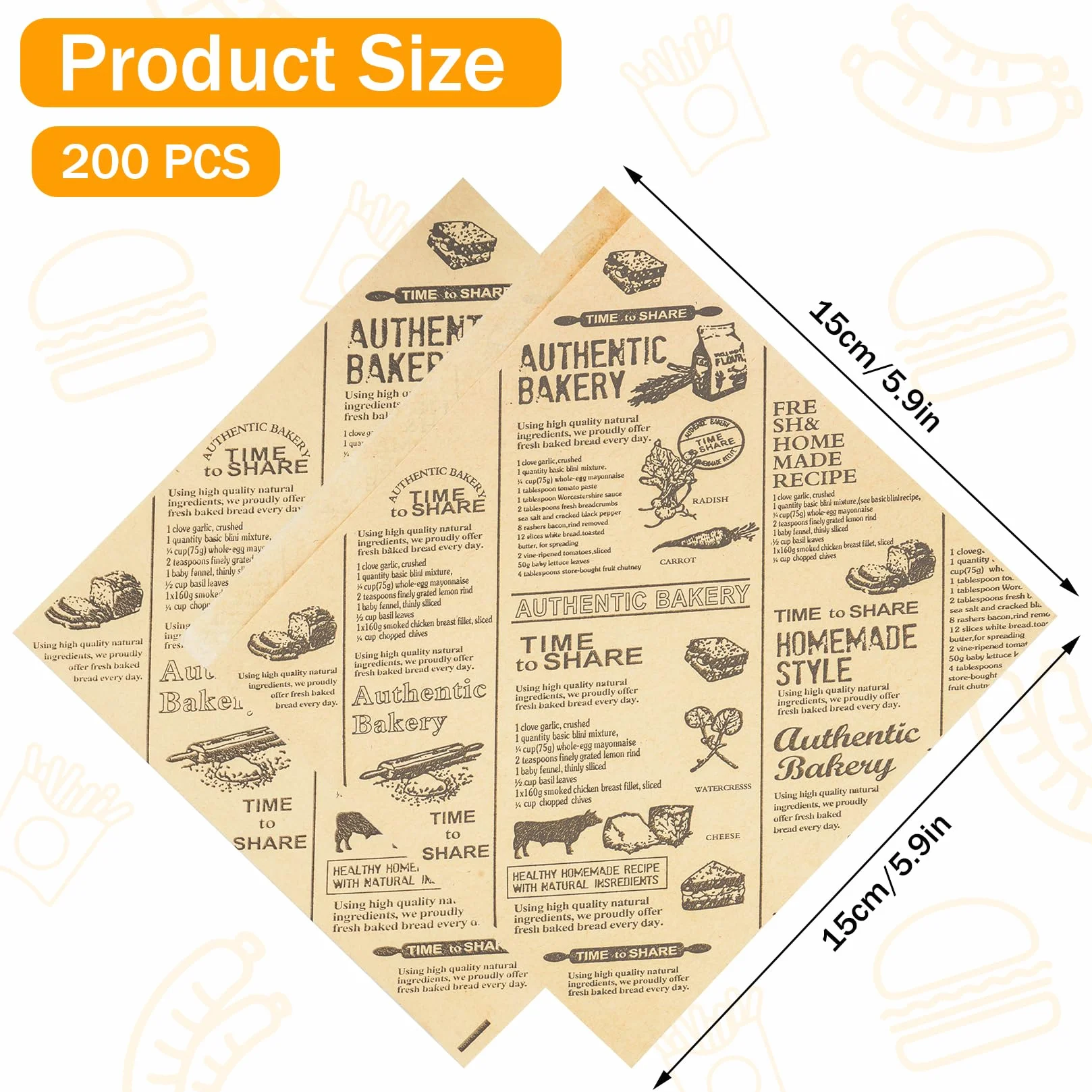 200 arkuszy papieru do burgerów, burgerów, frytek, torebek papierowych do burgerów, serów, burgerów, bułek, chleba, kanapek, kebabów (15 x 15 cm)