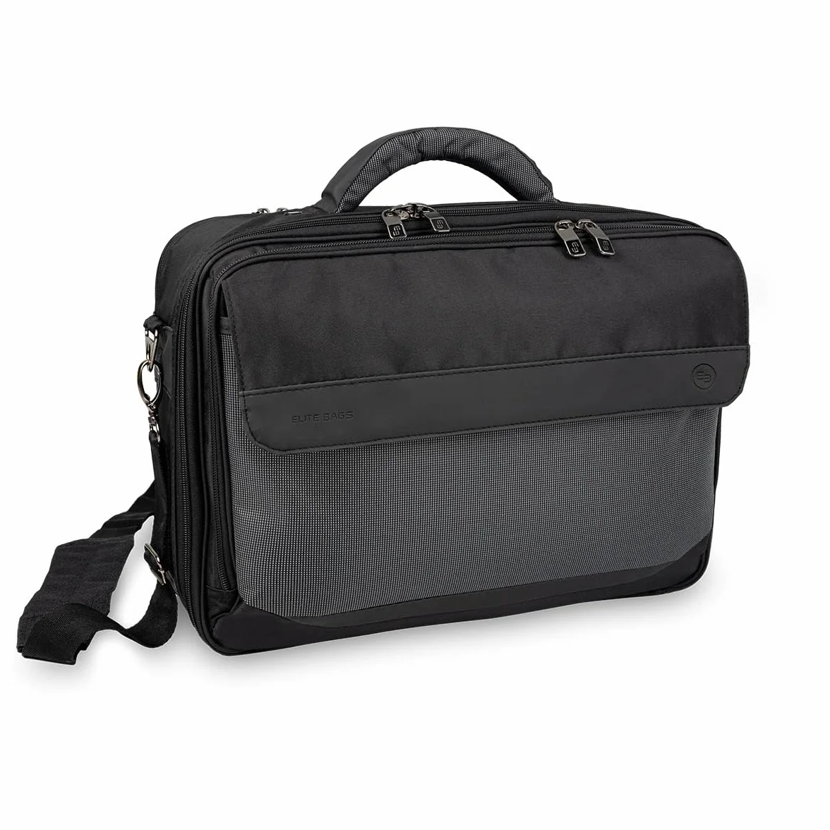 ELITE BAGS EB Doktor's torba lekarska szaro-czarna | idealna na wizyty w domu | przemyślane wyposażenie | kieszenie modułowe | pasek do noszenia na ramię | chowany system noszenia plecaka, czarny i