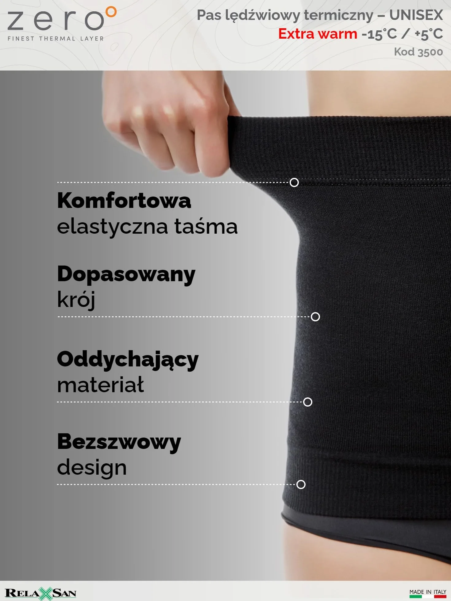 Relaxsan Zero 3500 Termoaktywny Pas Lędźwiowy Unisex Ciepły Miękki Wełna Merynosowa