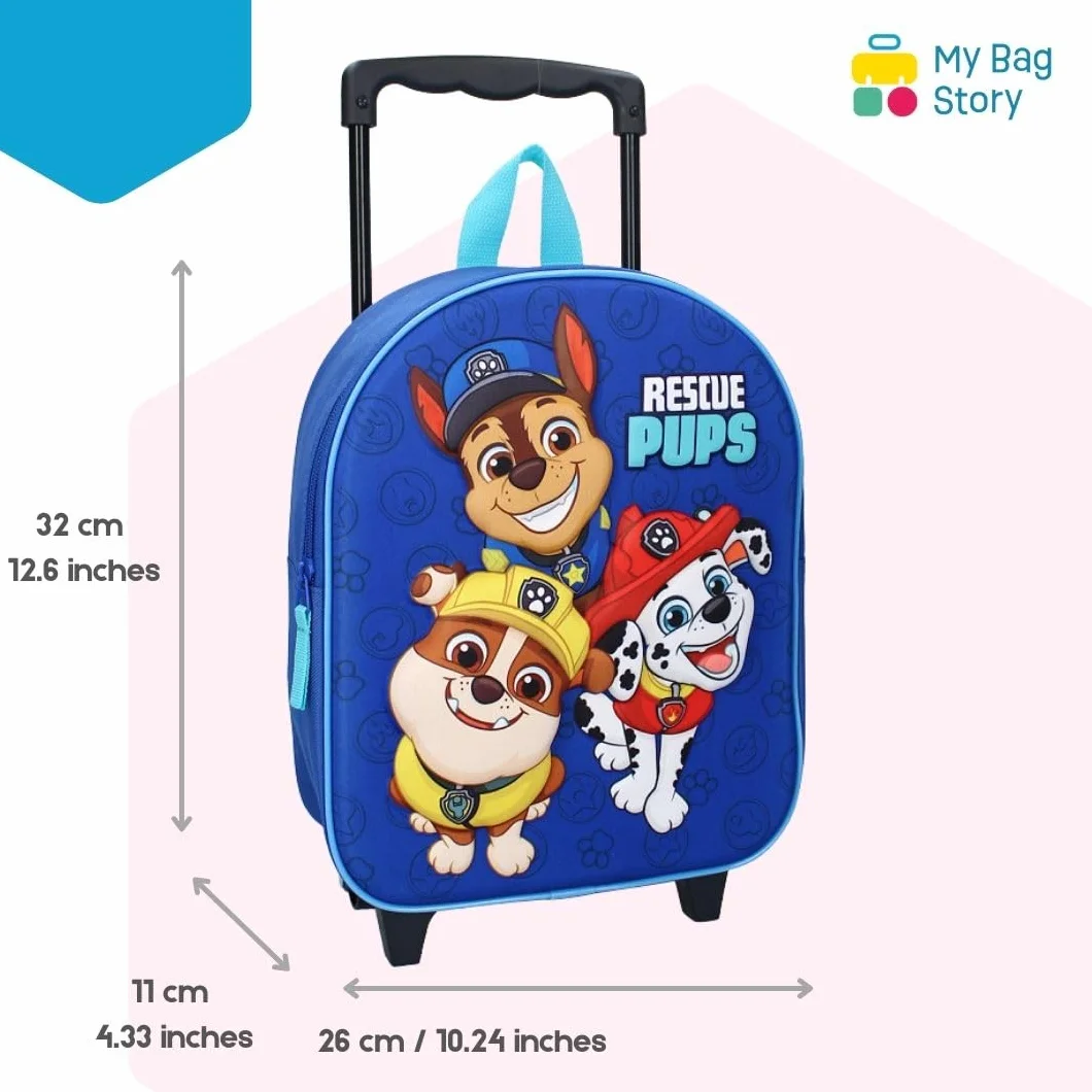 mybagstory - Torba 3D Pat Patrol - Dziecko 32 x 26 x 11 cm - 1 kieszeń zapinana na zamek - Wózek z 2 kołami - Efekt ulgi - Idealny do przedszkola, na wakacje lub wyjścia