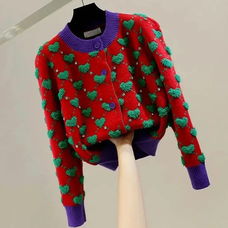 Damski sweter z dzianiny w kratę z okrągłym dekoltem, kardigany vintage, jednorzędowy, krótki kardigan