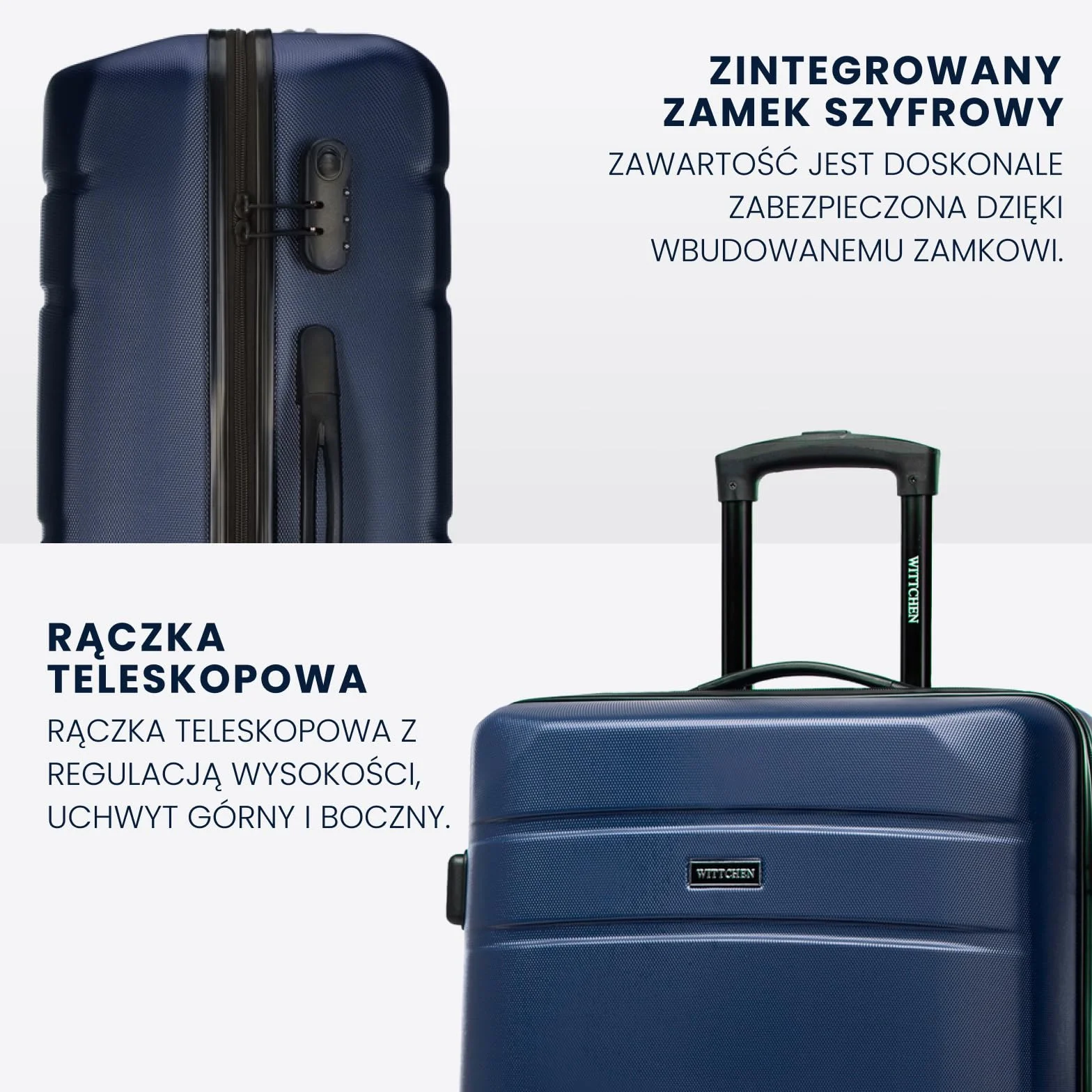 WITTCHEN Średni Wózek Walizka Podróżna z ABS - Twarda Skorupa, 4 Koła, Zamek Szyfrowy, Ciemnoniebieski 56-3A-652-90