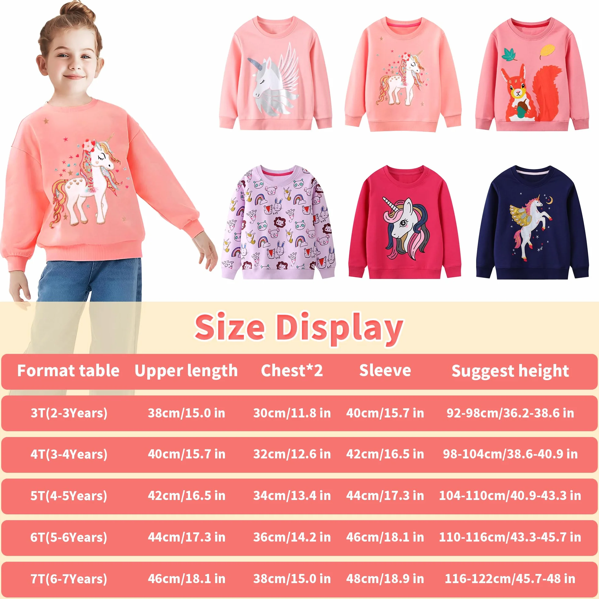 JinBei Bluza dla dziewczynek dzieci sweter bawełniany top casual sweter maluch jednorożec nadruk koń koszulka z długim rękawem wiek 2-7 lat, rozm. 92-122