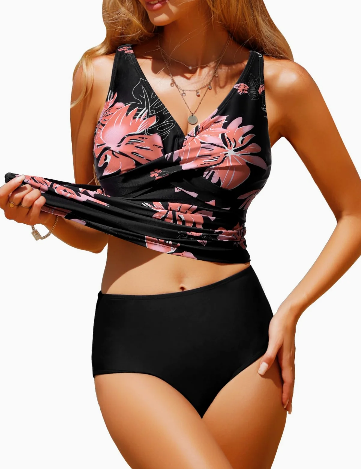 UMIPUBO Tankini damski seksowny kostium kąpielowy, wyszczuplający brzuch, z dekoltem w serek, duże rozmiary, push up, zestaw bikini z wysokim stanem