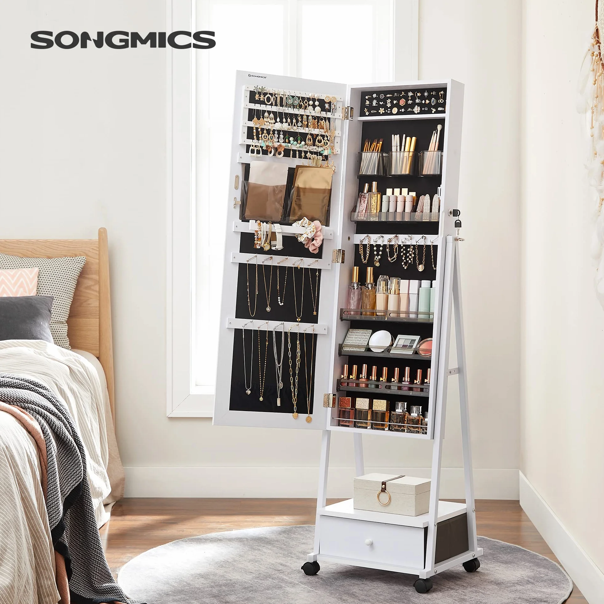 SONGMICS Szafka na biżuterię, wysokie lustro pełnej długości, stojący zamykany organizer na biżuterię z dolną szufladą, półką, kółkami, pomysł na prezent, biała JJC004W02