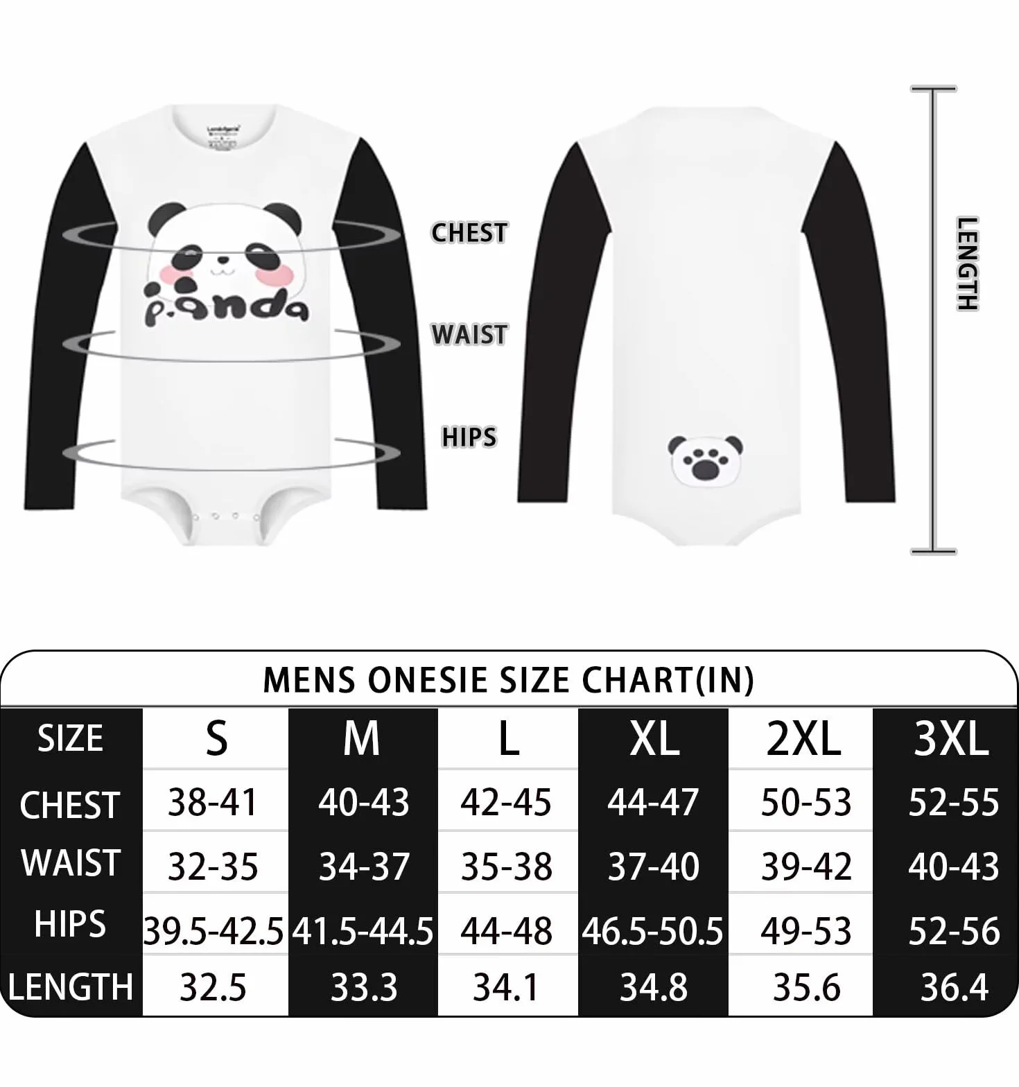 Landofgenie Męska Piżama Romper z Długim Rękawem Onesie Body Jednoczęściowy Kombinezon z Nadrukiem Pandy