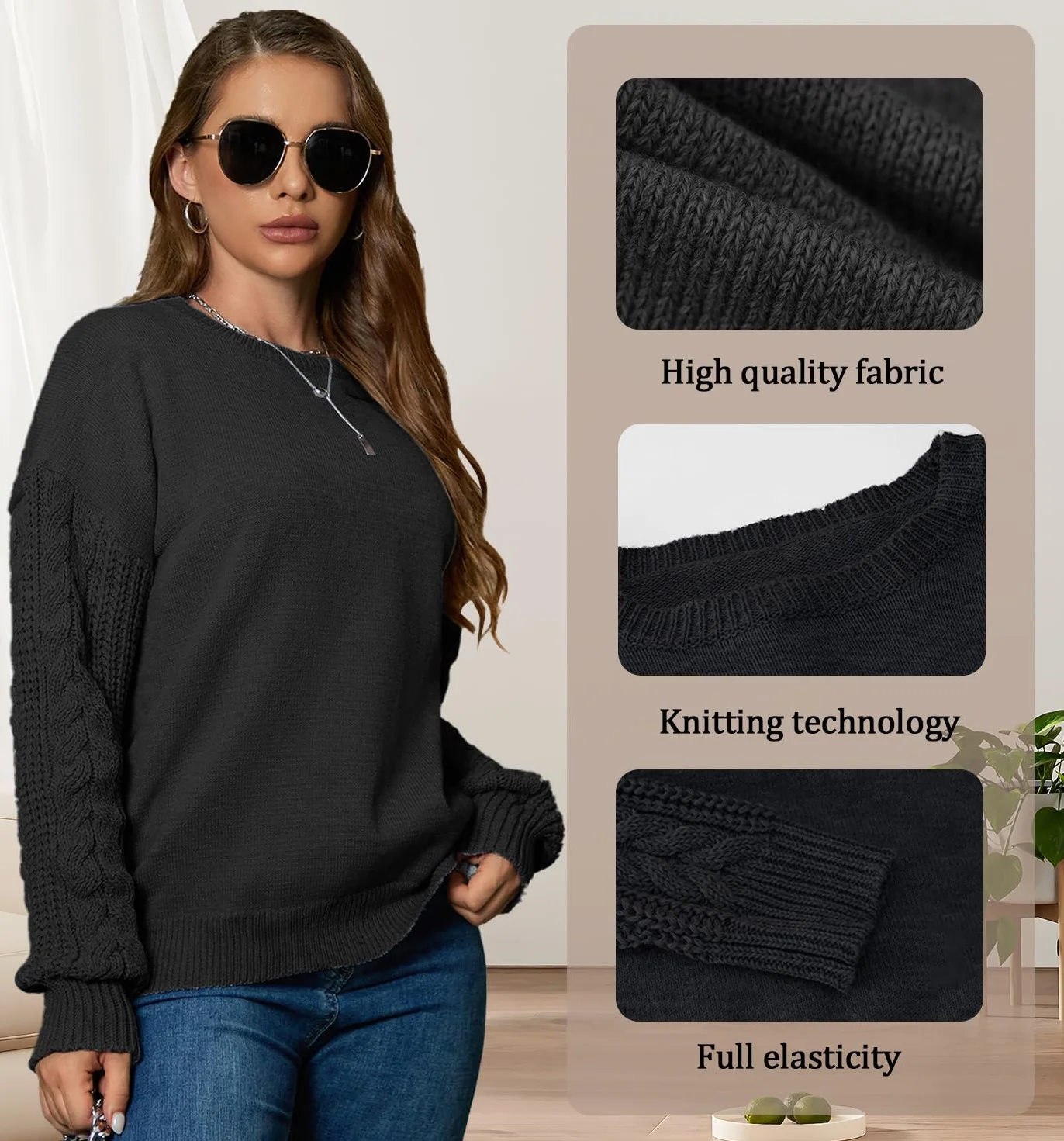 JFAN Damski zimowy sweter z okrągłym dekoltem luźny luźny sweter damski elegancki sweter