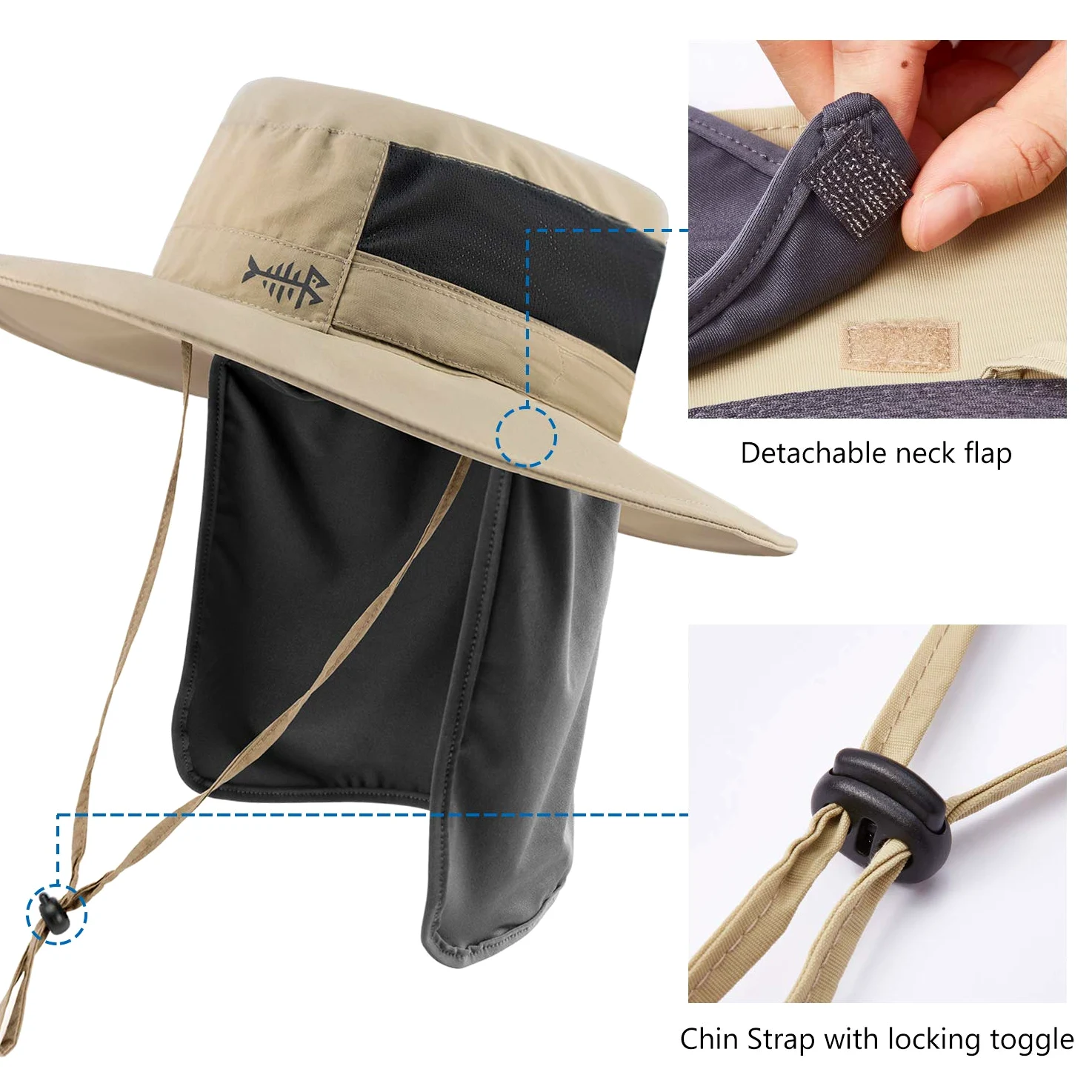 Bassdash UPF 50+ Sun Fishing Hat Wodoodporny z odpinaną klapką na szyję