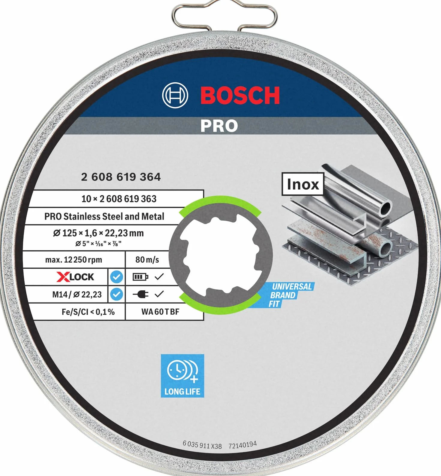 Bosch Accessories 10 x standardowa tarcza do cięcia Inox X-LOCK (do stali nierdzewnej, Ø 125 mm, akcesoria szlifierki kątowej)
