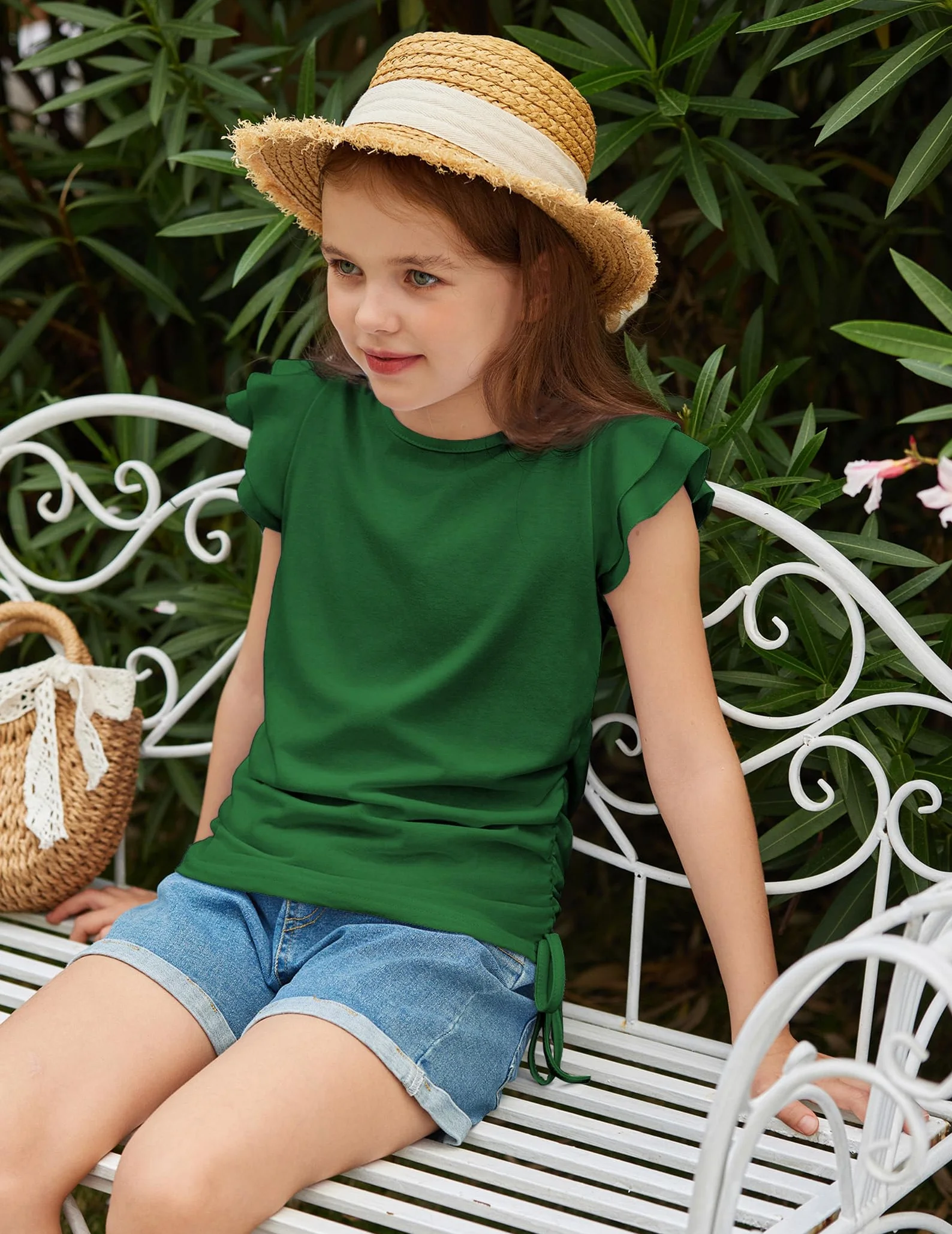 Arshiner Dziewczęcy T-shirt z falbankami, dziecięcy t-shirt z okrągłym dekoltem, luźny top, odzież dziecięca ze sznurkiem ściągającym, 5-12 lat